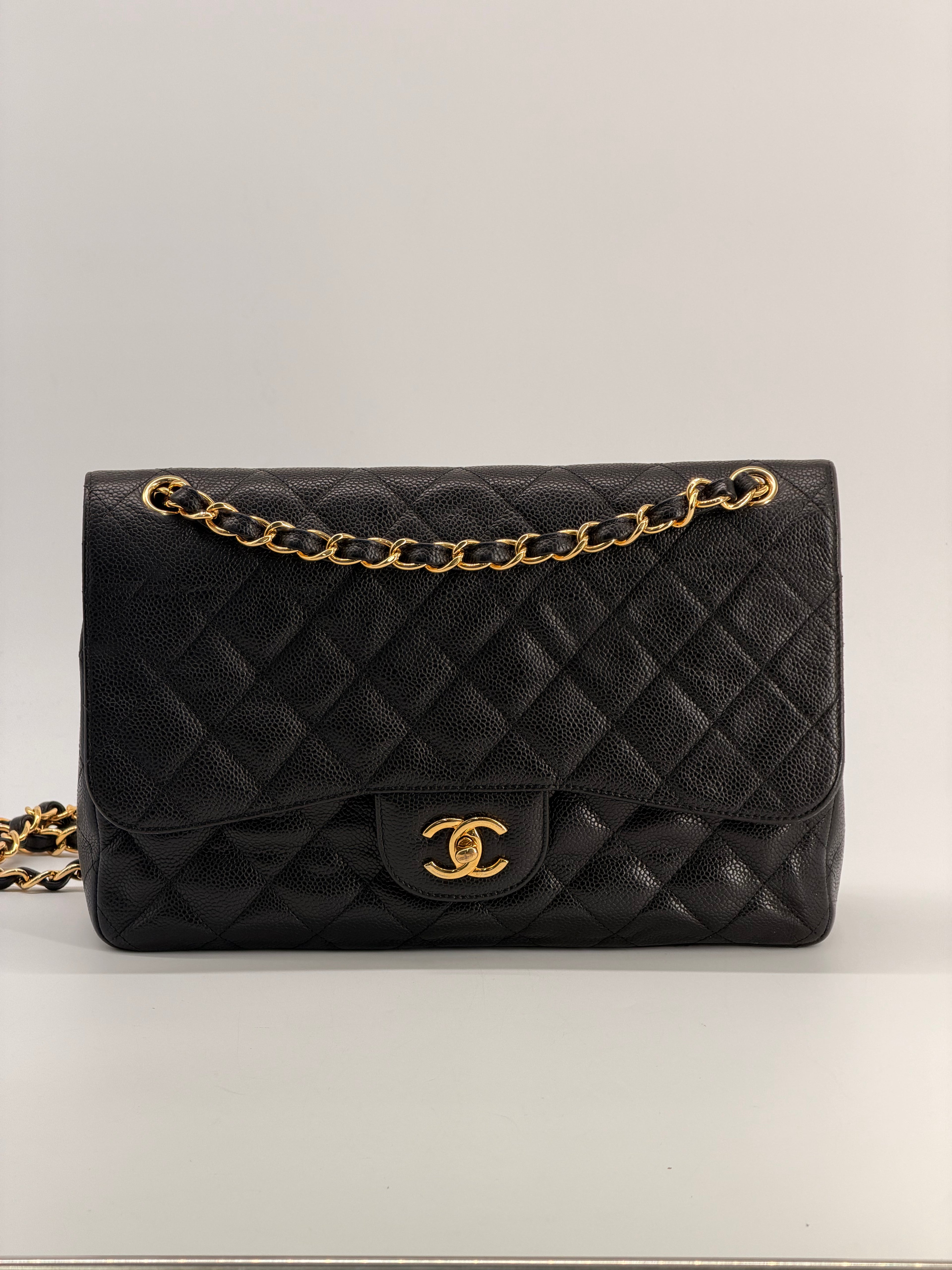 Chanel Caviar Jumbo Double Flap Black Shoulder Bag Gold Hardware