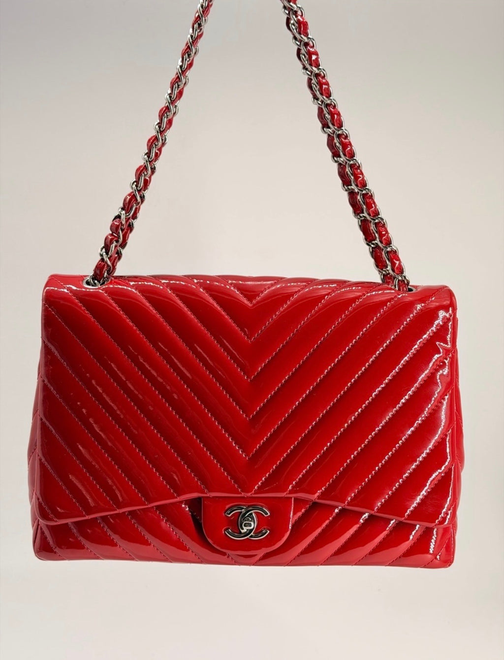 Chanel Patent Maxi Chevron Single Flap Shoulder Bag Red