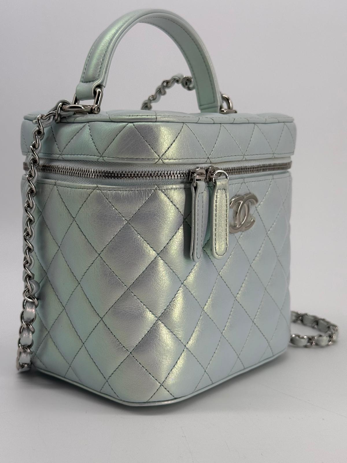 Chanel Vanity Case Iridescent Metallic Blue Leather Handbag