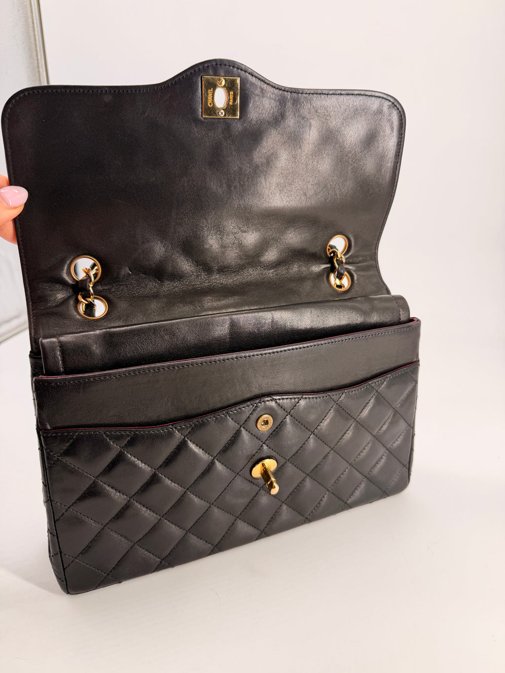 Chanel Medium Paris Double Flap Black Lambskin Shoulder Bag