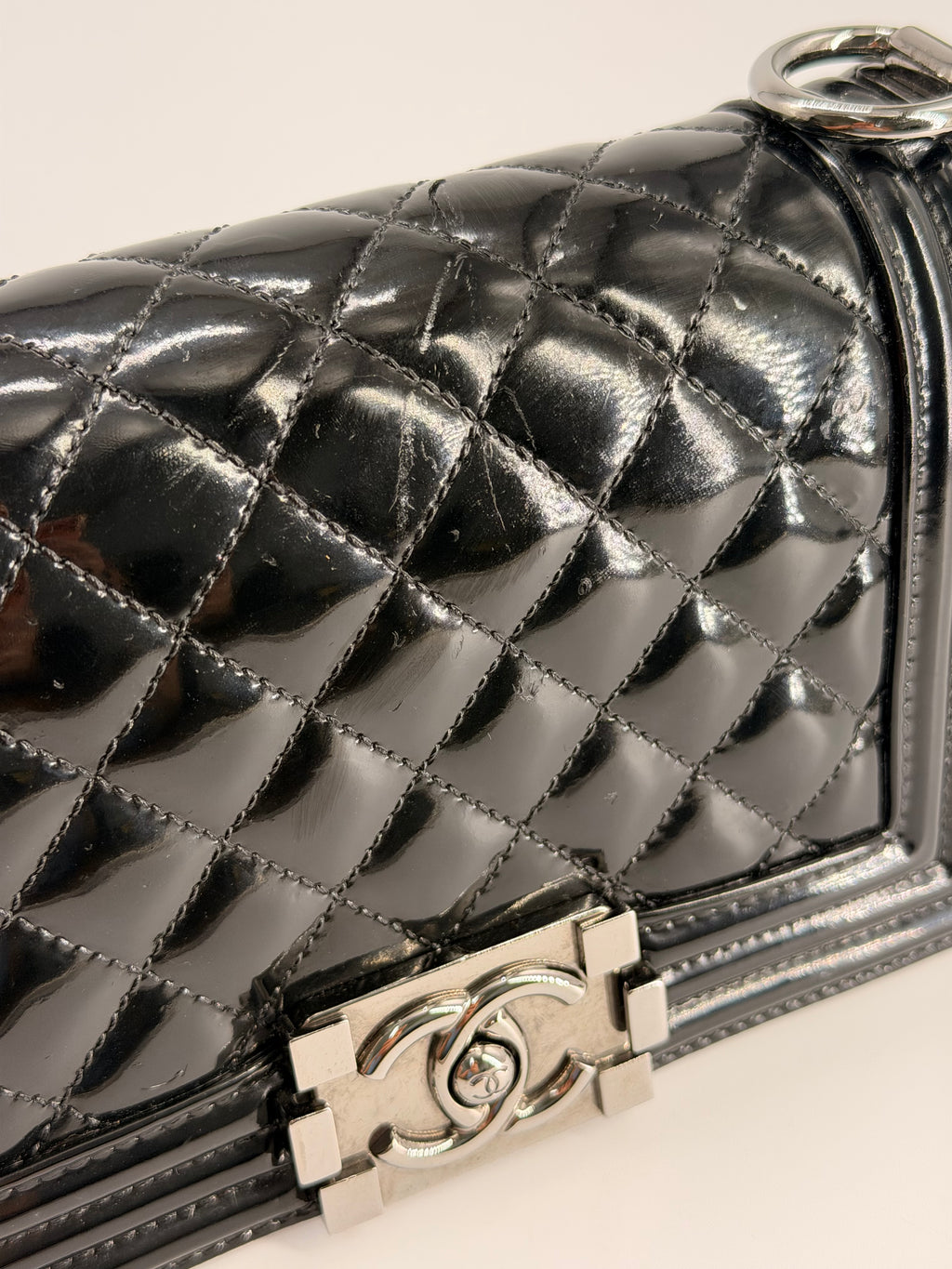 CHANEL Small Boy Bag Patent Leather Black Silver Shoulder Bag