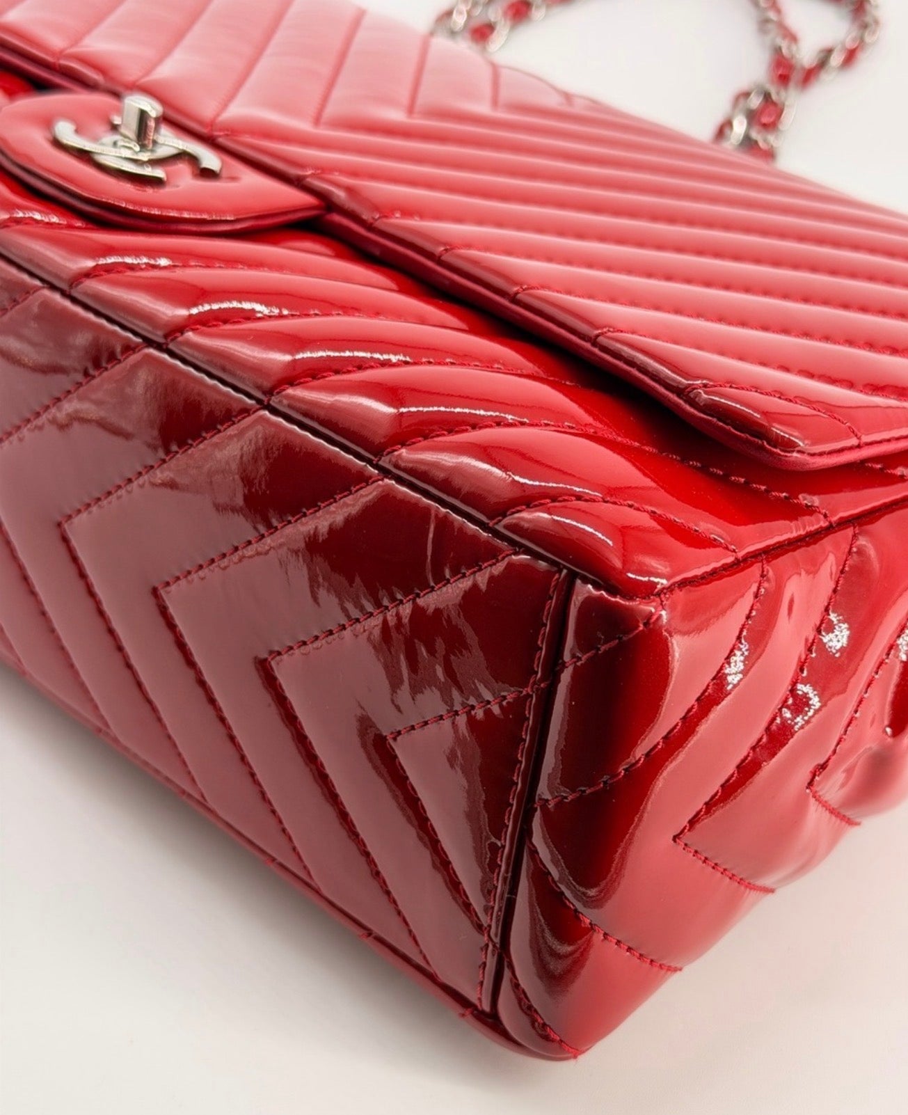 Chanel Patent Maxi Chevron Single Flap Shoulder Bag Red