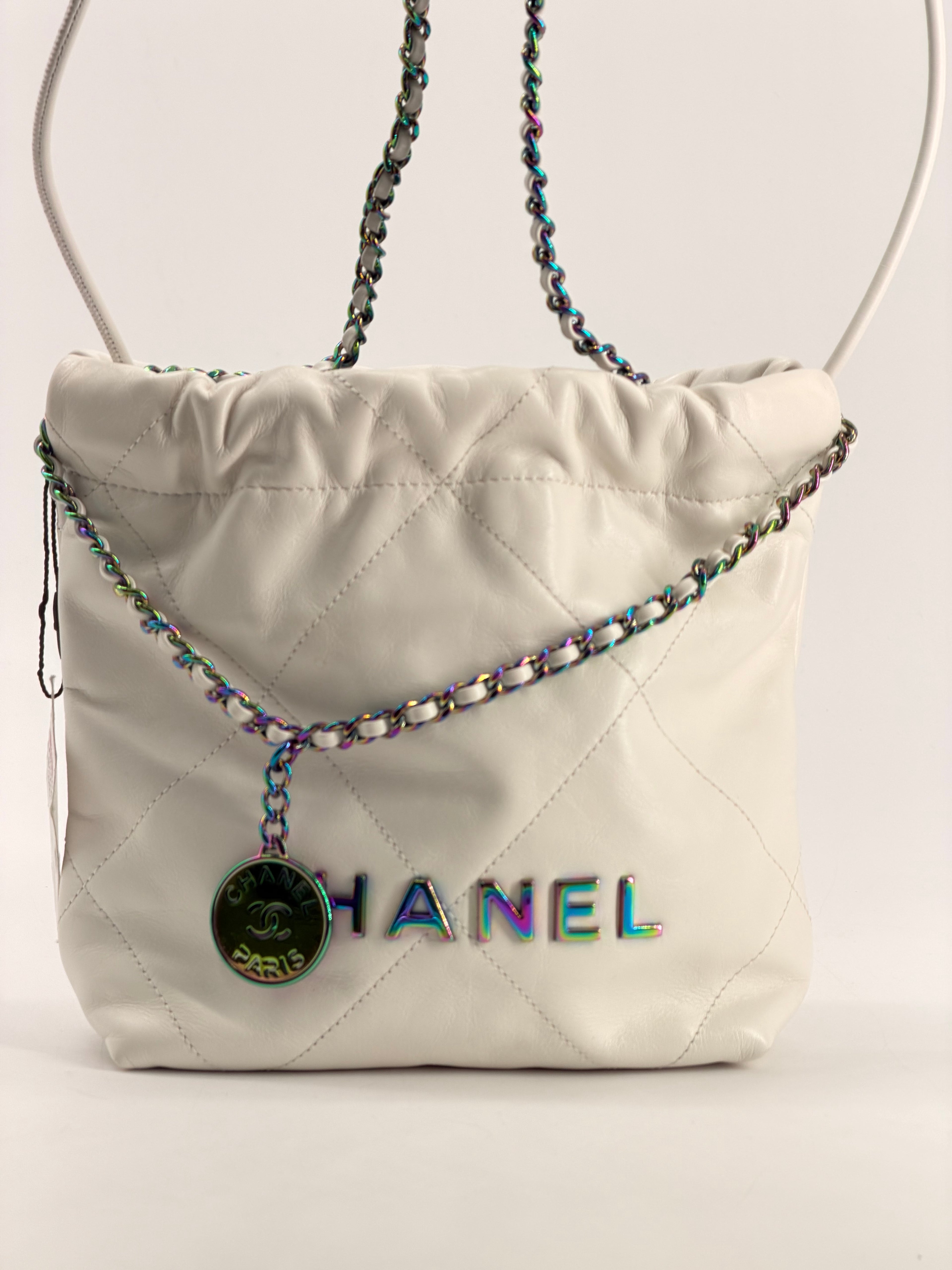 CHANEL Mini Rainbow 22 Hobo Bag White Calfskin Leather NWT