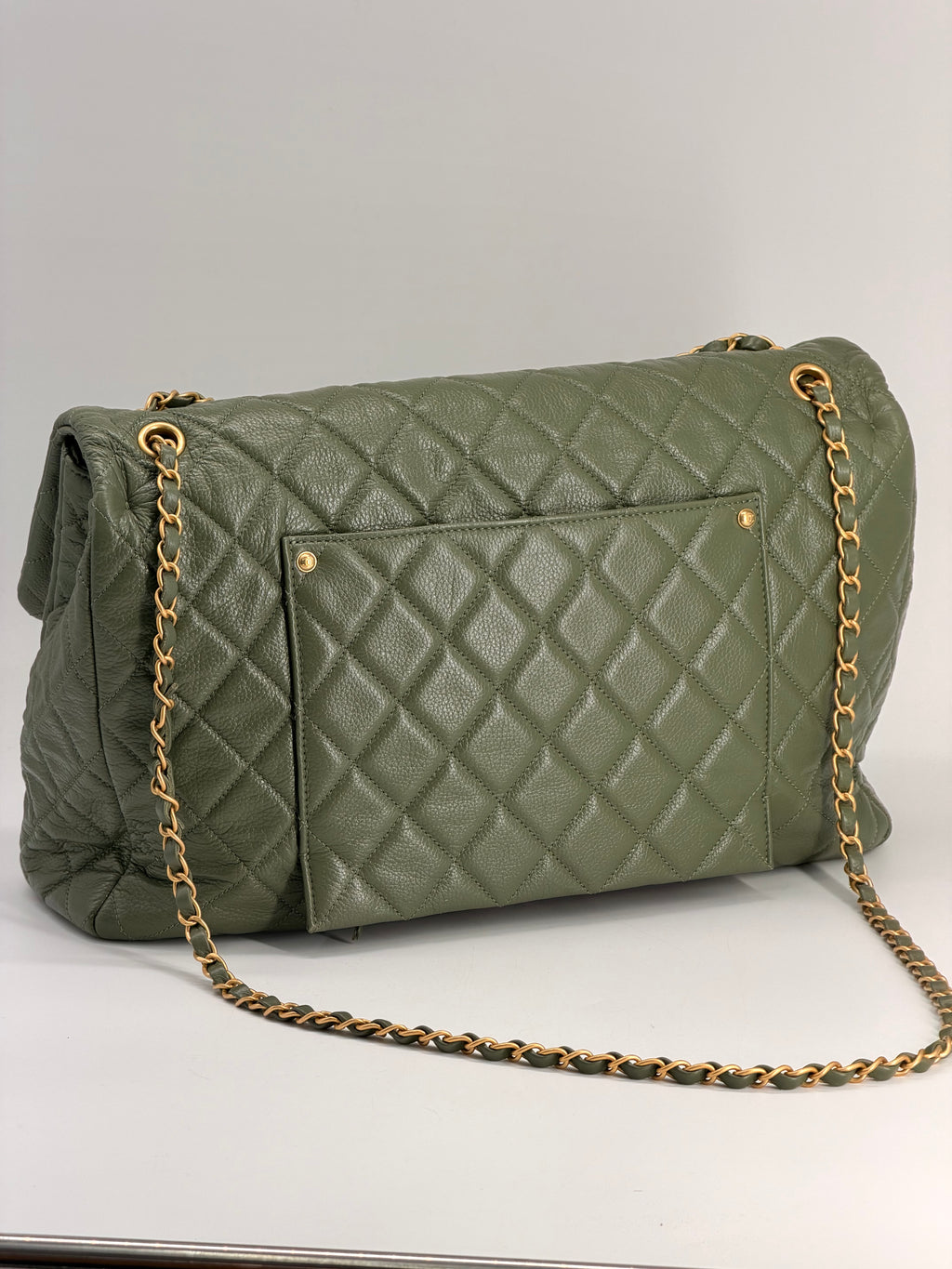 Chanel XXL Travel Classic Flap Bag Khaki Grained Calfskin Leather