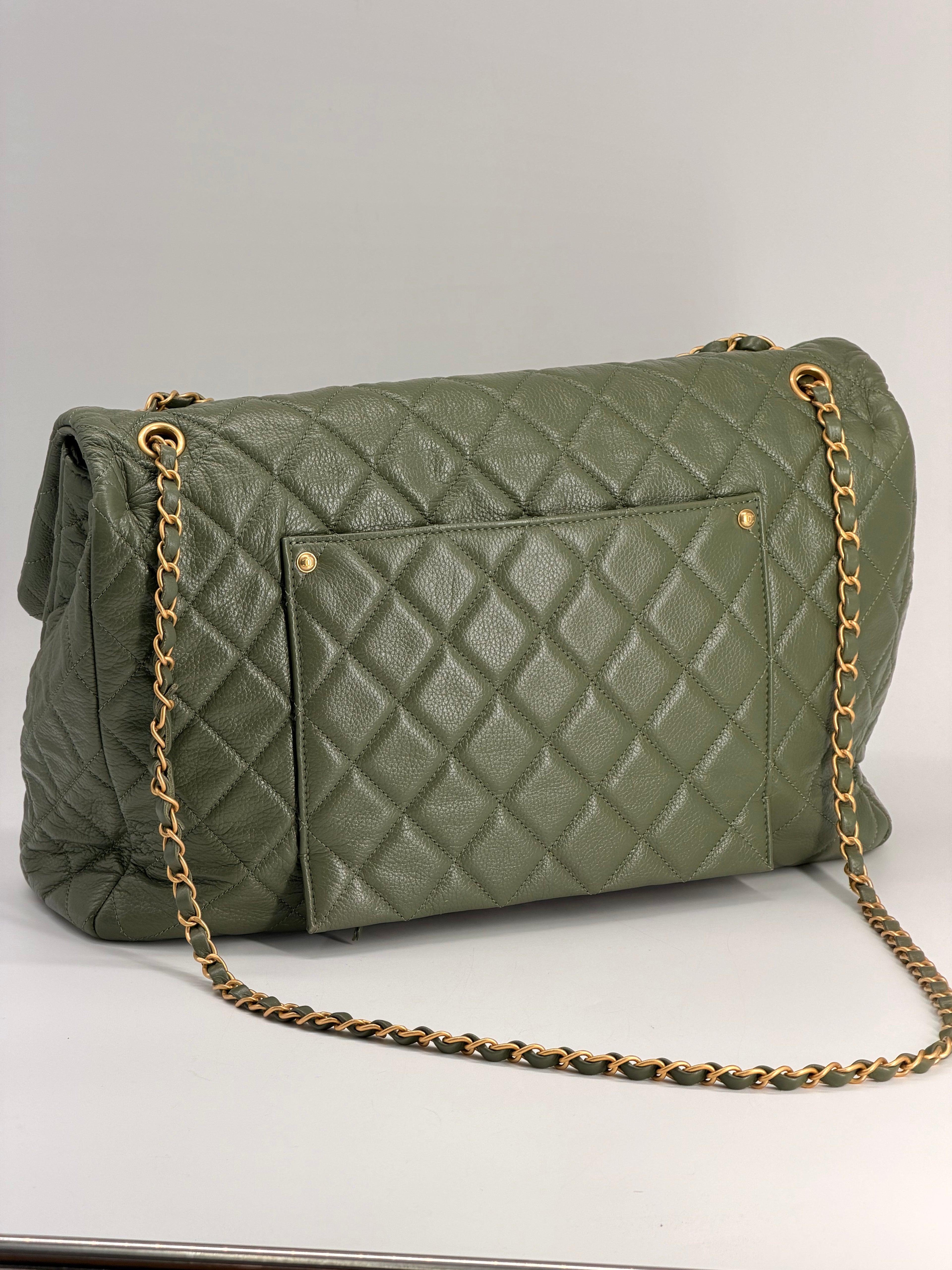 Chanel XXL Travel Classic Flap Bag Khaki Grained Calfskin Leather
