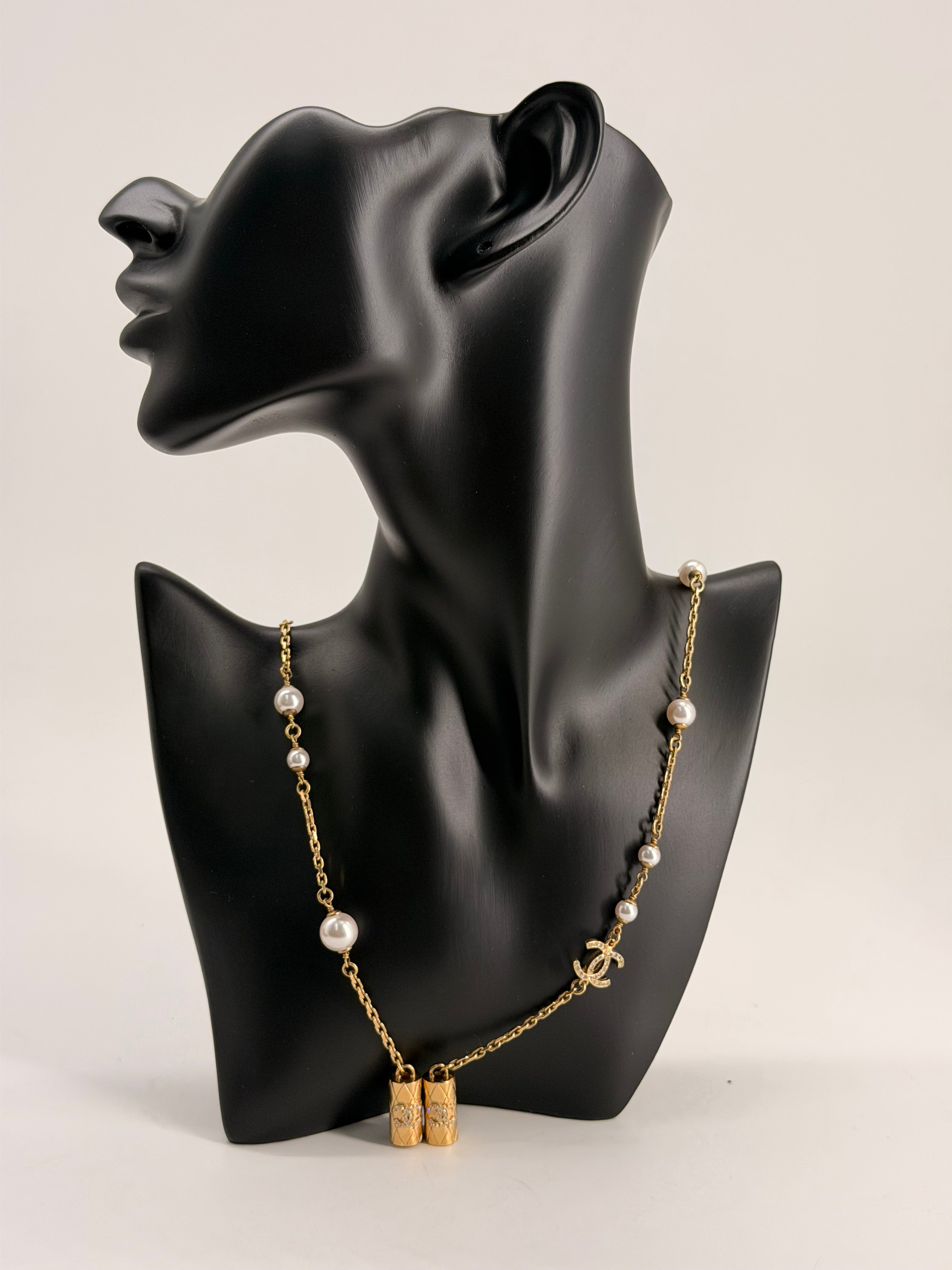 CHANEL Metal Crystal Pearl Airpod Necklace Gold