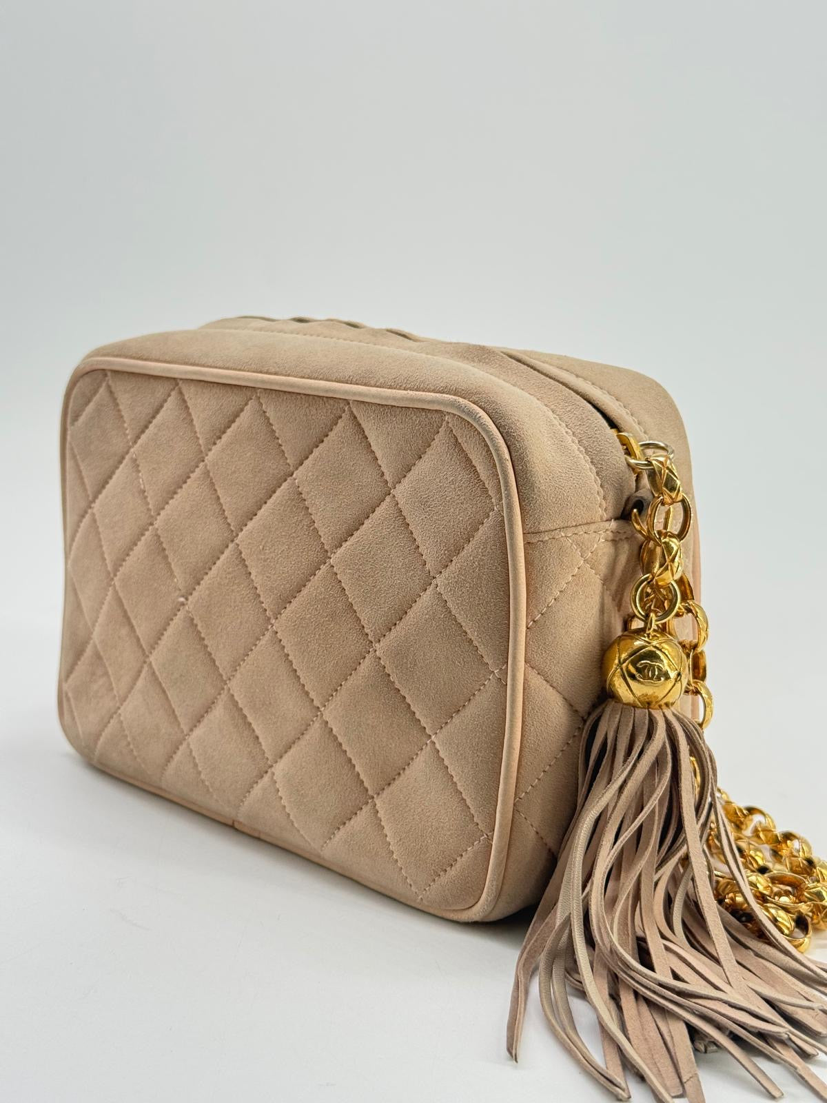 CHANEL Quilted Tassel CC Camera Bag Case In Pink Suede