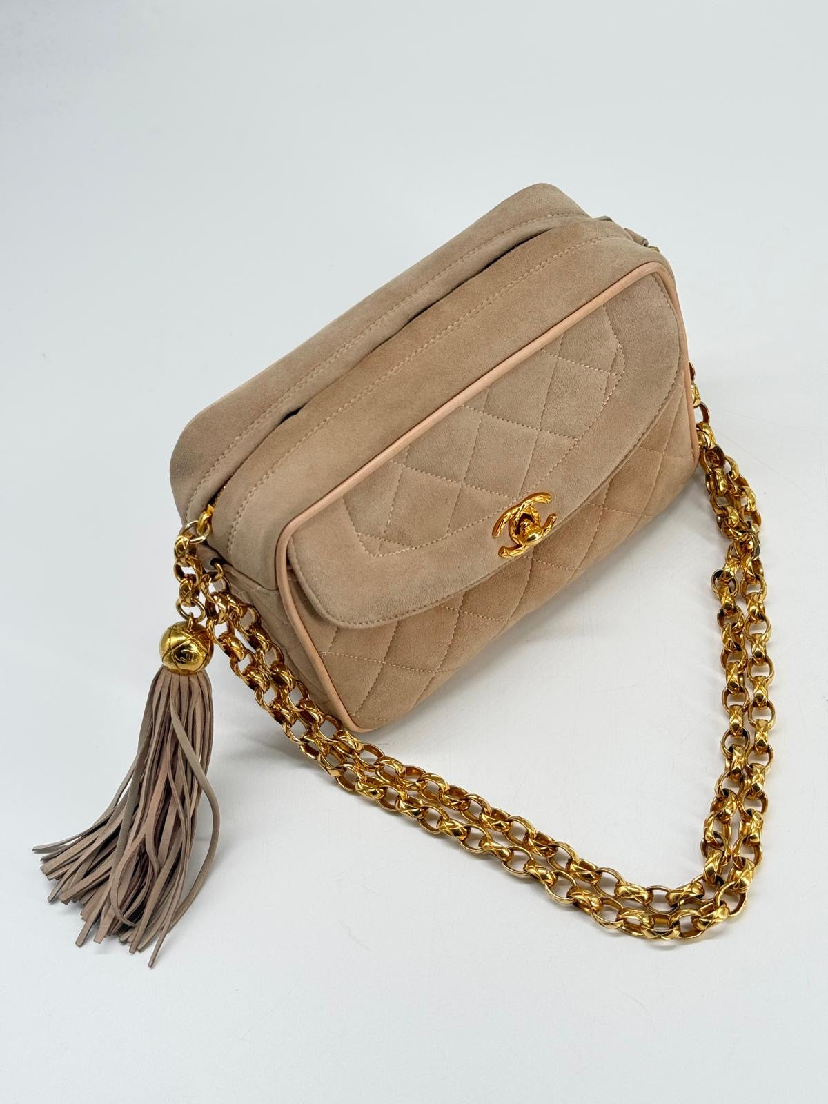 CHANEL Quilted Tassel CC Camera Bag Case In Pink Suede