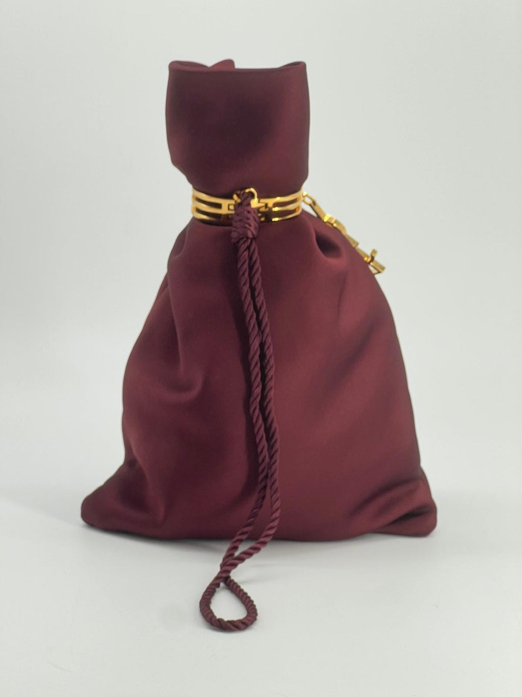 Saint Laurent Wine Satin Knot Wristlet with Gold YSL Charm