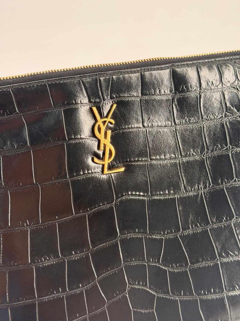 Saint Laurent Black Croc Embossed Leather Pouch