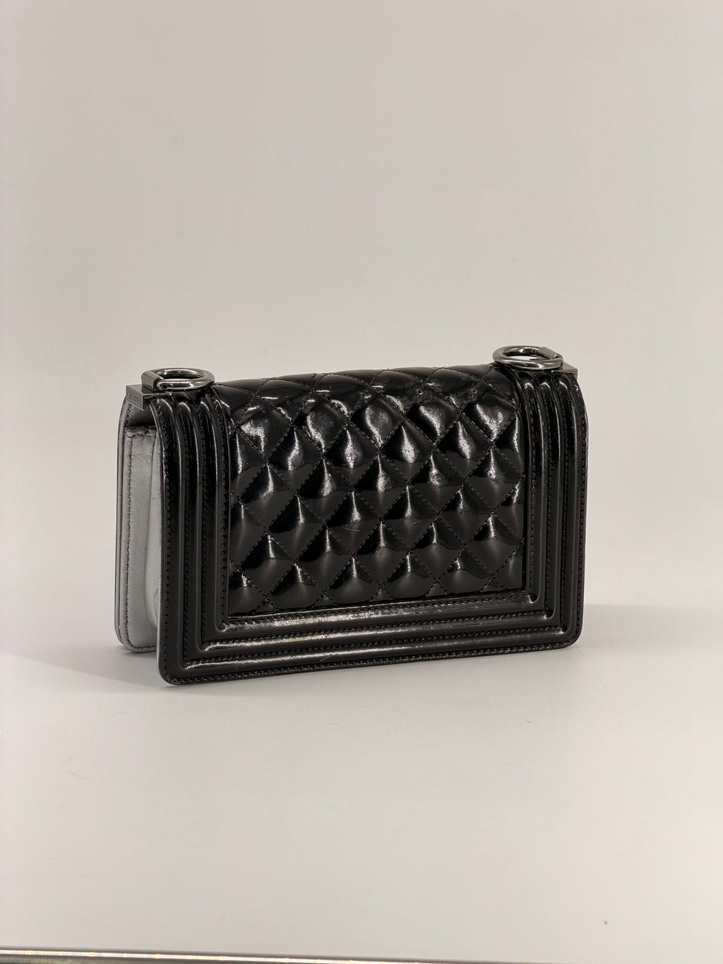 CHANEL Small Boy Bag Patent Leather Black Silver Shoulder Bag