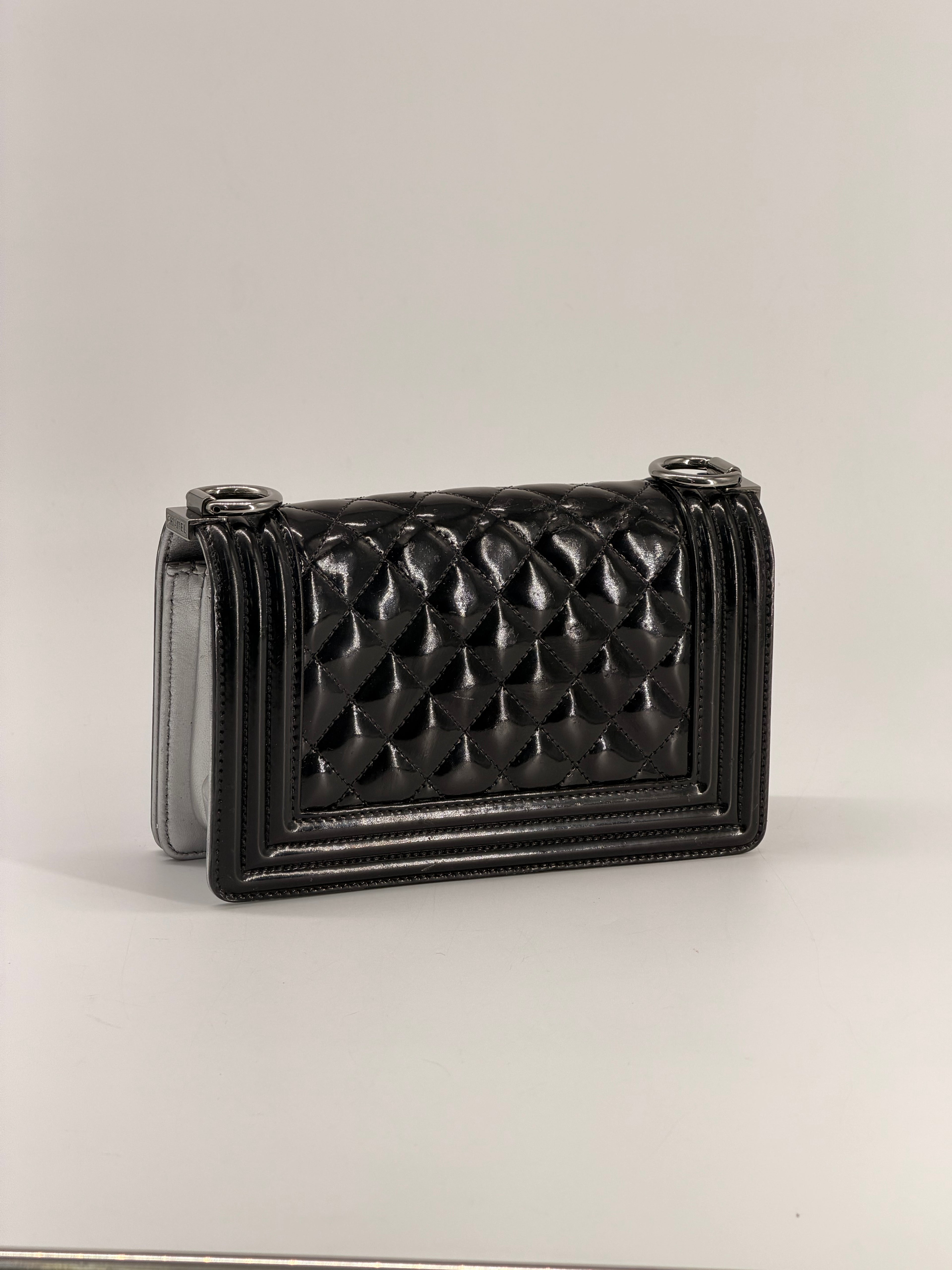 CHANEL Small Boy Bag Patent Leather Black Silver Shoulder Bag