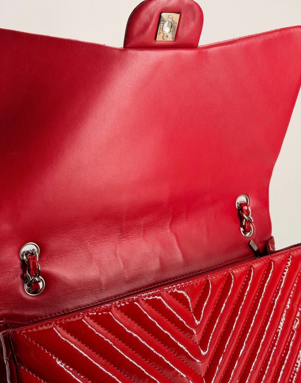 Chanel Patent Maxi Chevron Single Flap Shoulder Bag Red