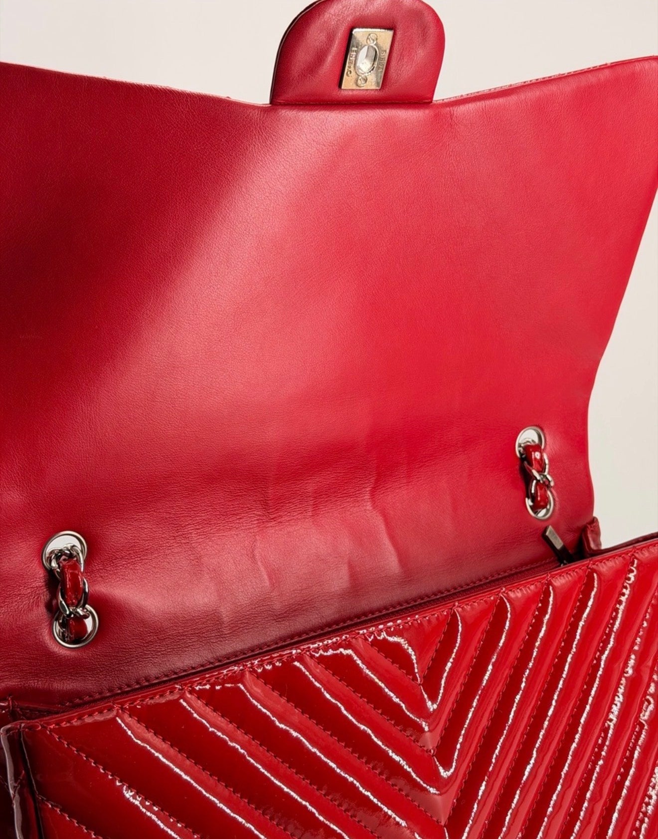 Chanel Patent Maxi Chevron Single Flap Shoulder Bag Red