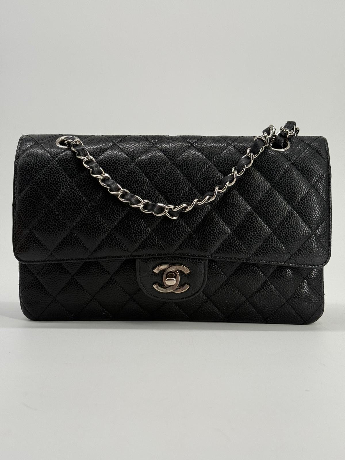 CHANEL Caviar Medium Double Flap Black Shoulder Bag