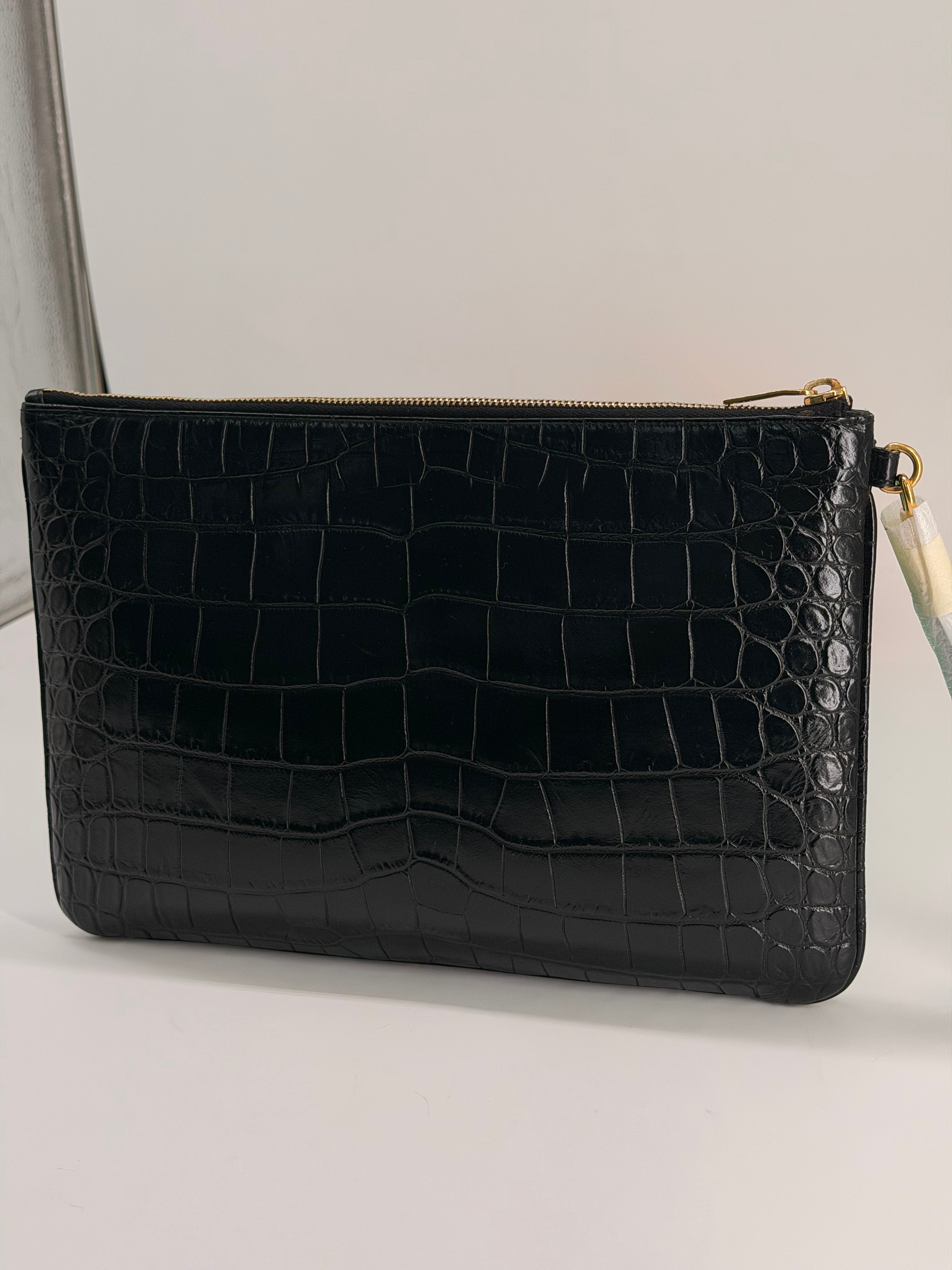 Saint Laurent Black Croc Embossed Leather Pouch