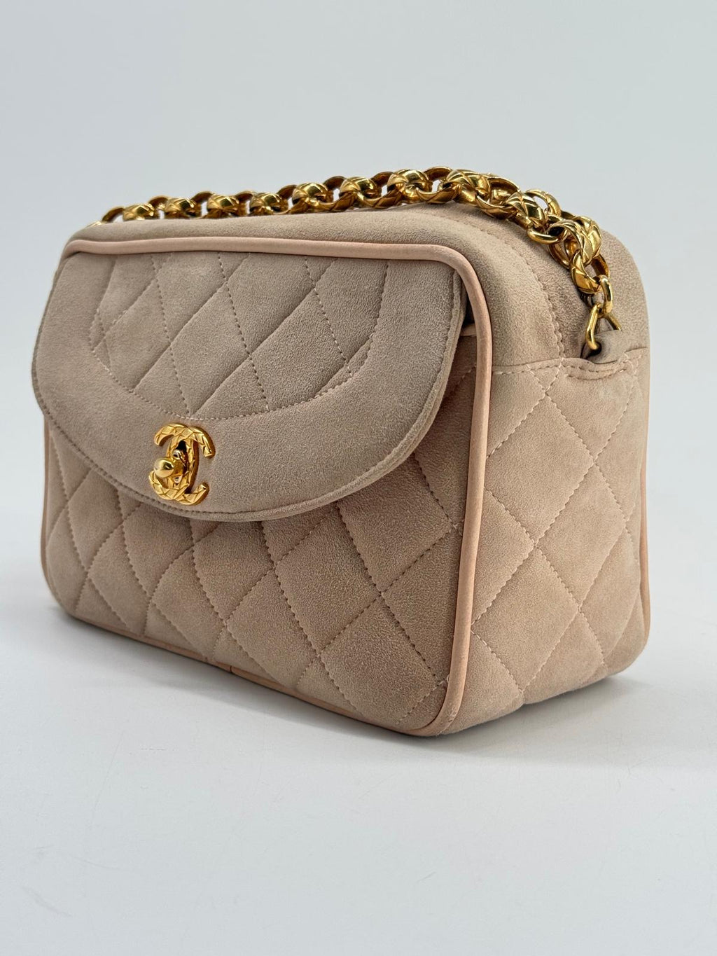 CHANEL Quilted Tassel CC Camera Bag Case In Pink Suede