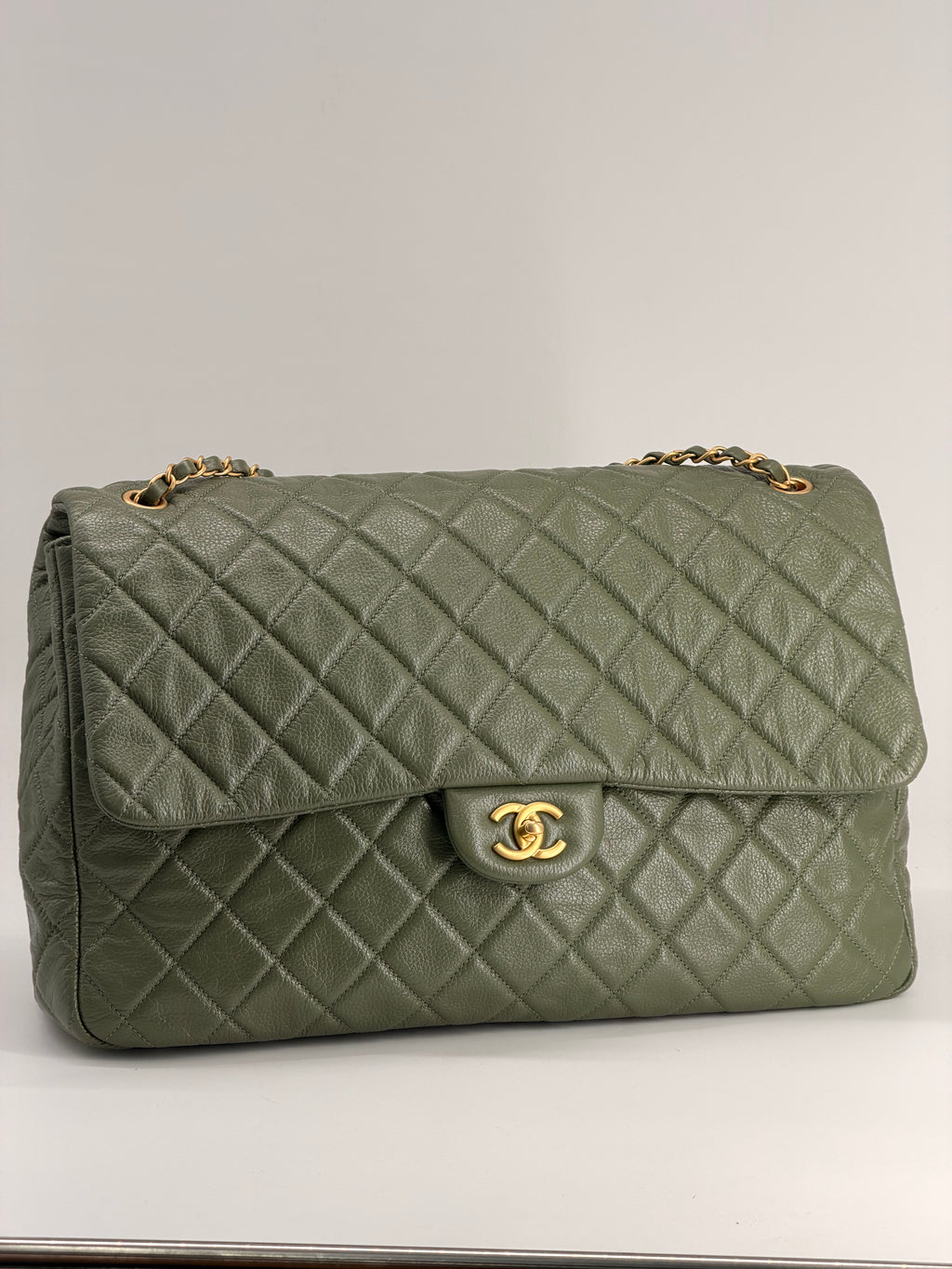 Chanel XXL Travel Classic Flap Bag Khaki Grained Calfskin Leather