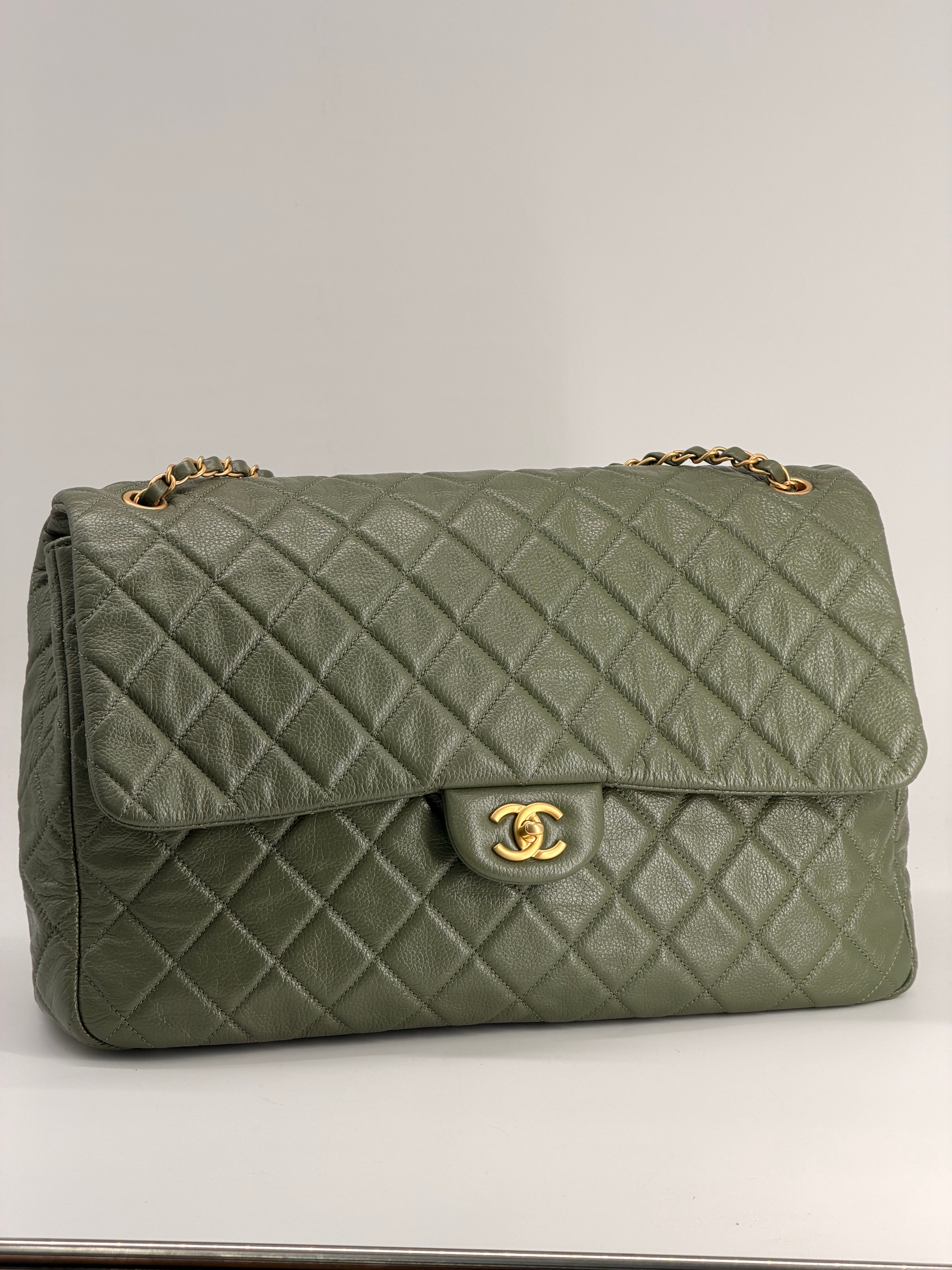 Chanel XXL Travel Classic Flap Bag Khaki Grained Calfskin Leather