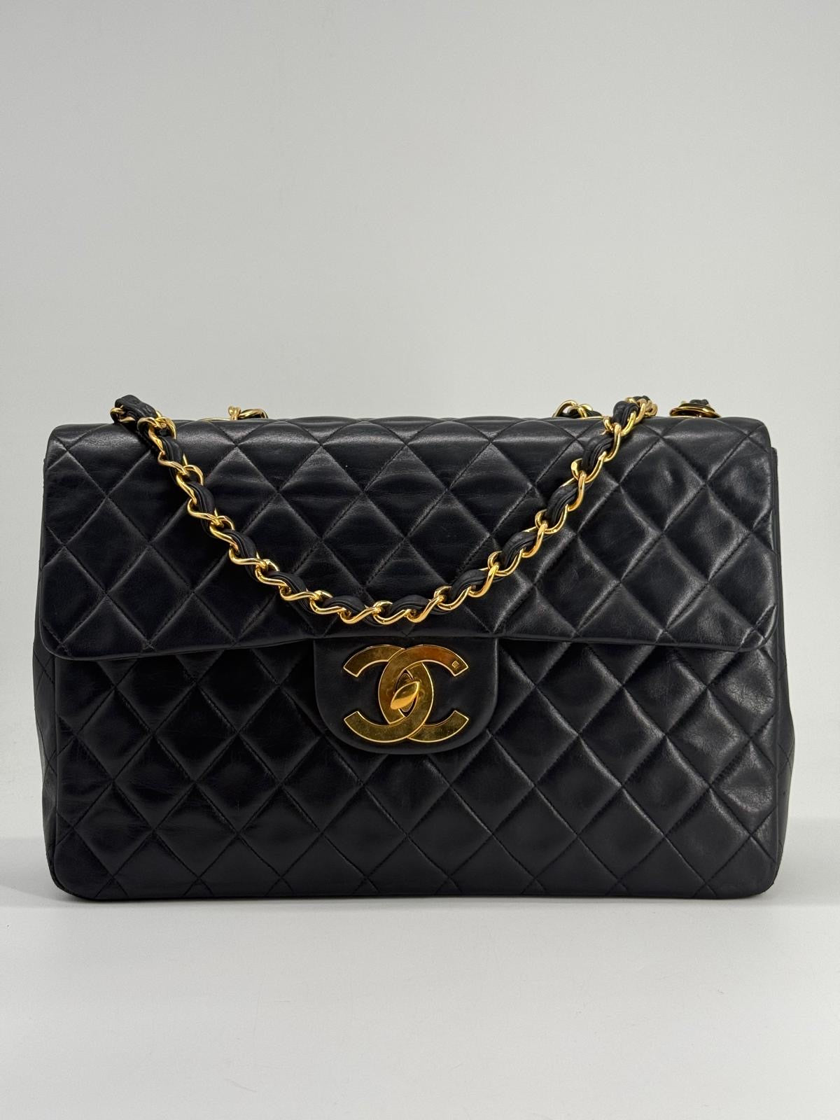 Chanel Black Quilted Lambskin XL Jumbo Single Flap Black Shoulder Bag