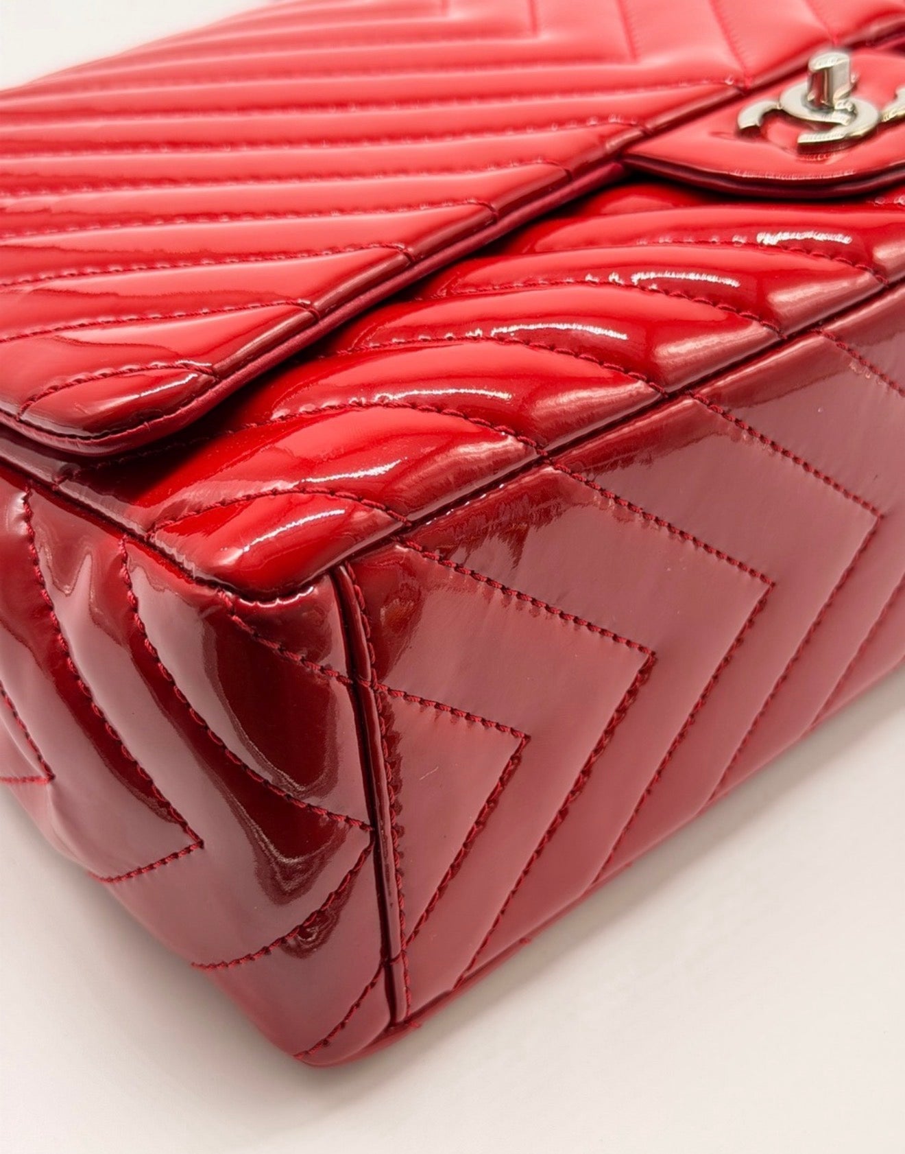 Chanel Patent Maxi Chevron Single Flap Shoulder Bag Red