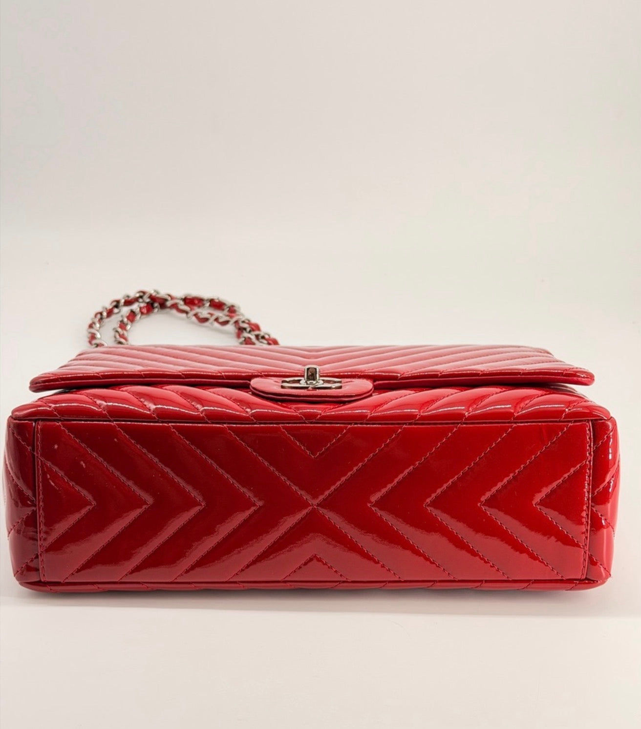 Chanel Patent Maxi Chevron Single Flap Shoulder Bag Red