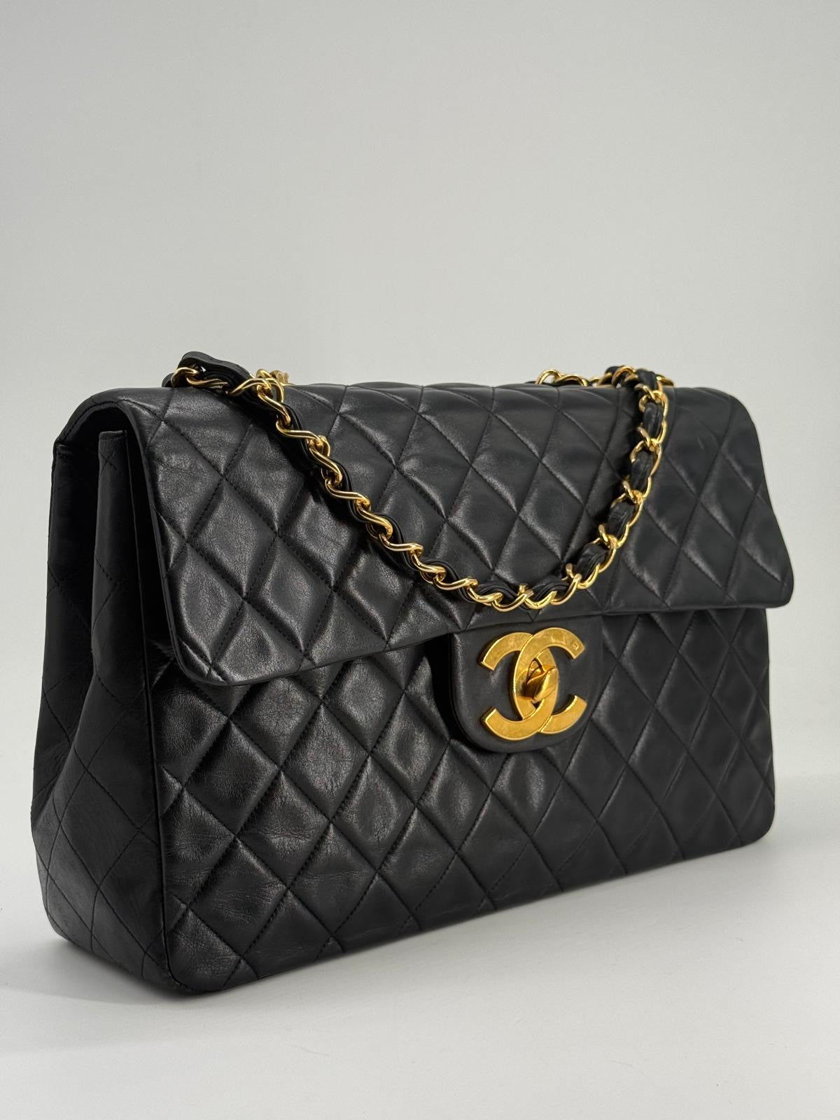 Chanel Black Quilted Lambskin XL Jumbo Single Flap Black Shoulder Bag