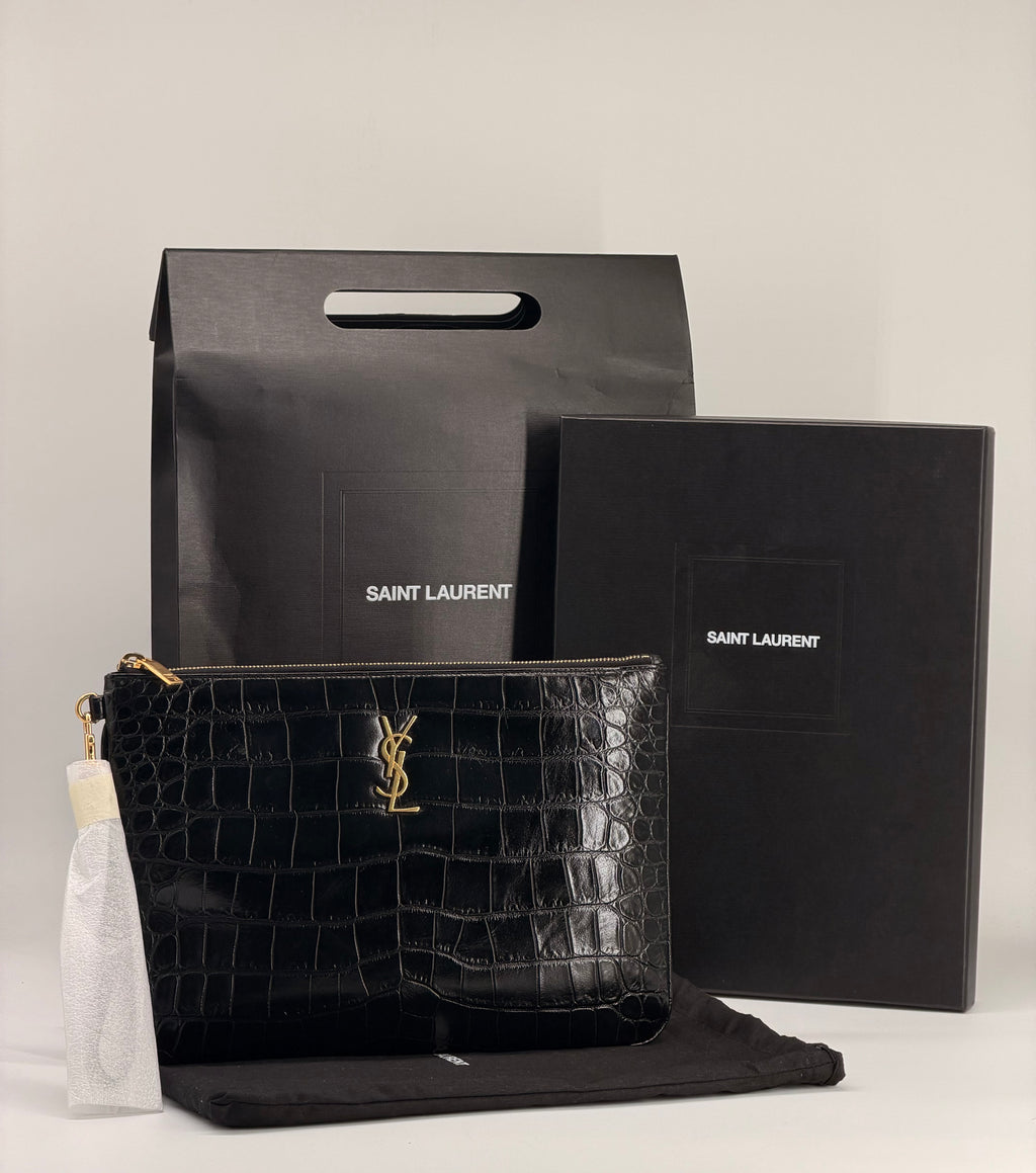 Saint Laurent Black Croc Embossed Leather Pouch