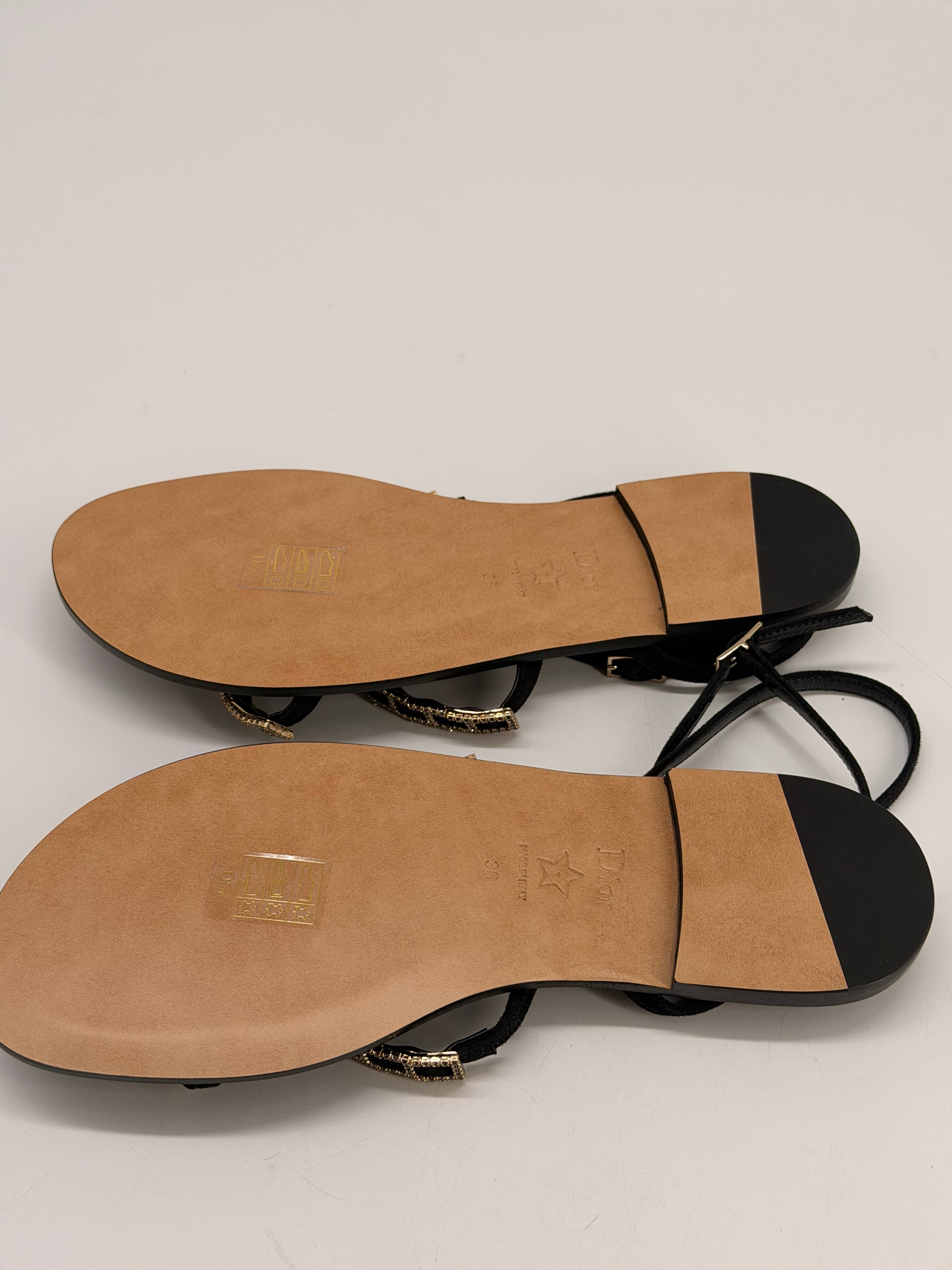 DIOR Diorissime Sandal Black Suede Goatskin and Silver-Tone Strass Size 36 NEW