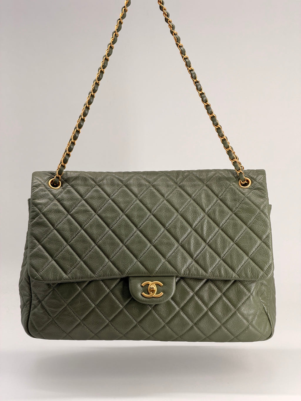 Chanel XXL Travel Classic Flap Bag Khaki Grained Calfskin Leather