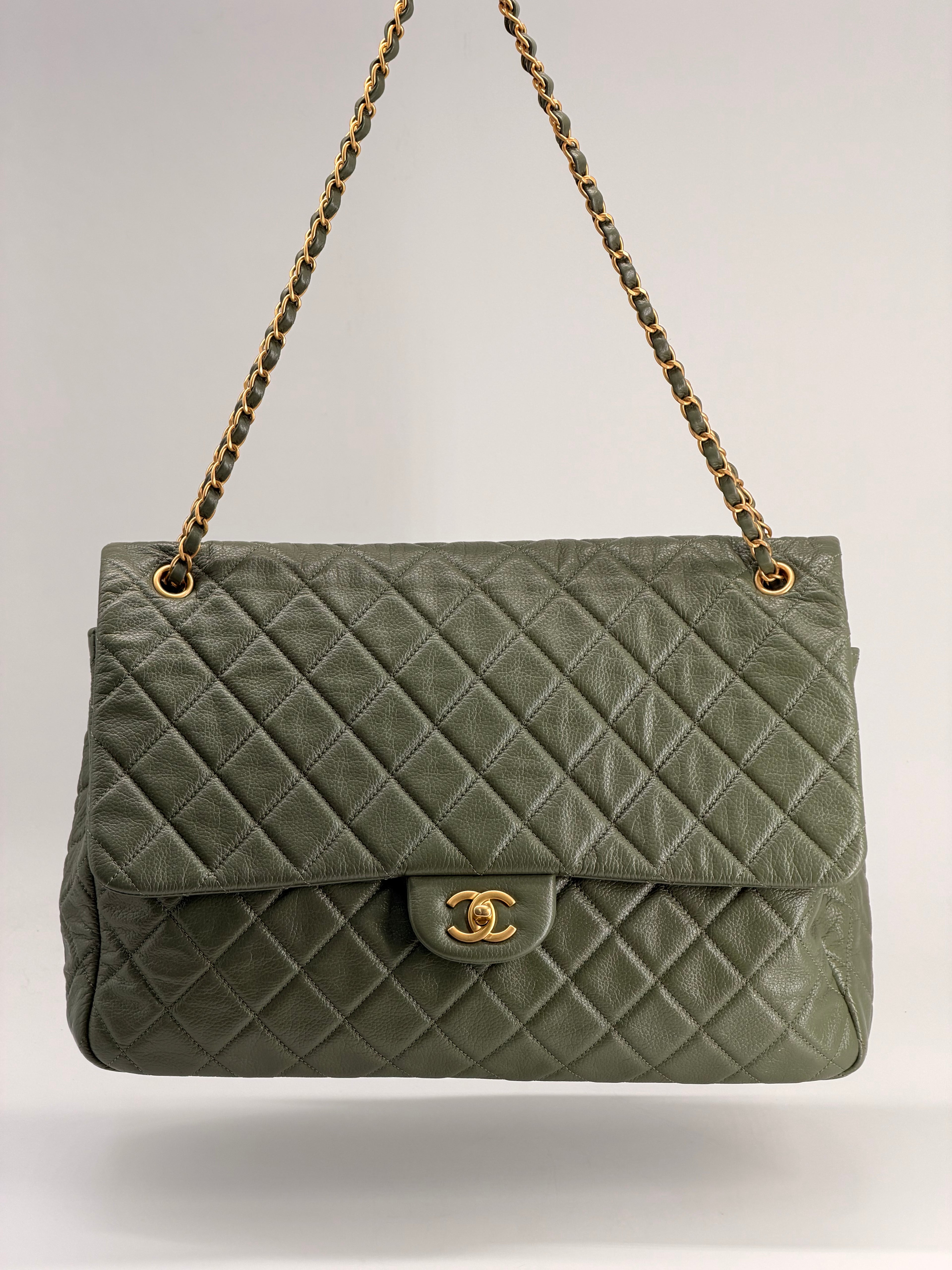 Chanel XXL Travel Classic Flap Bag Khaki Grained Calfskin Leather