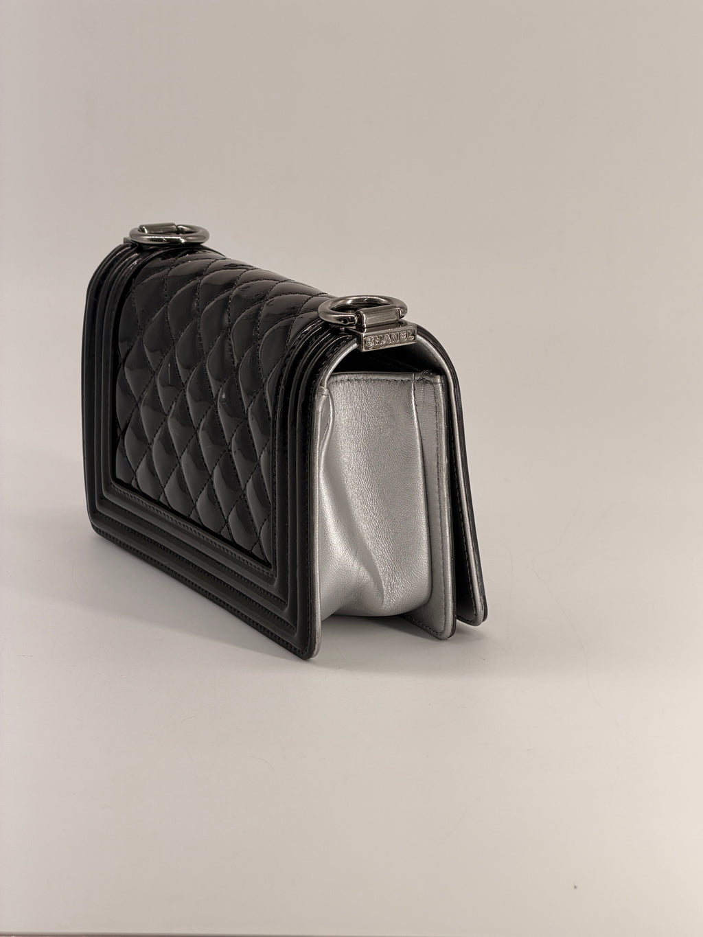 CHANEL Small Boy Bag Patent Leather Black Silver Shoulder Bag