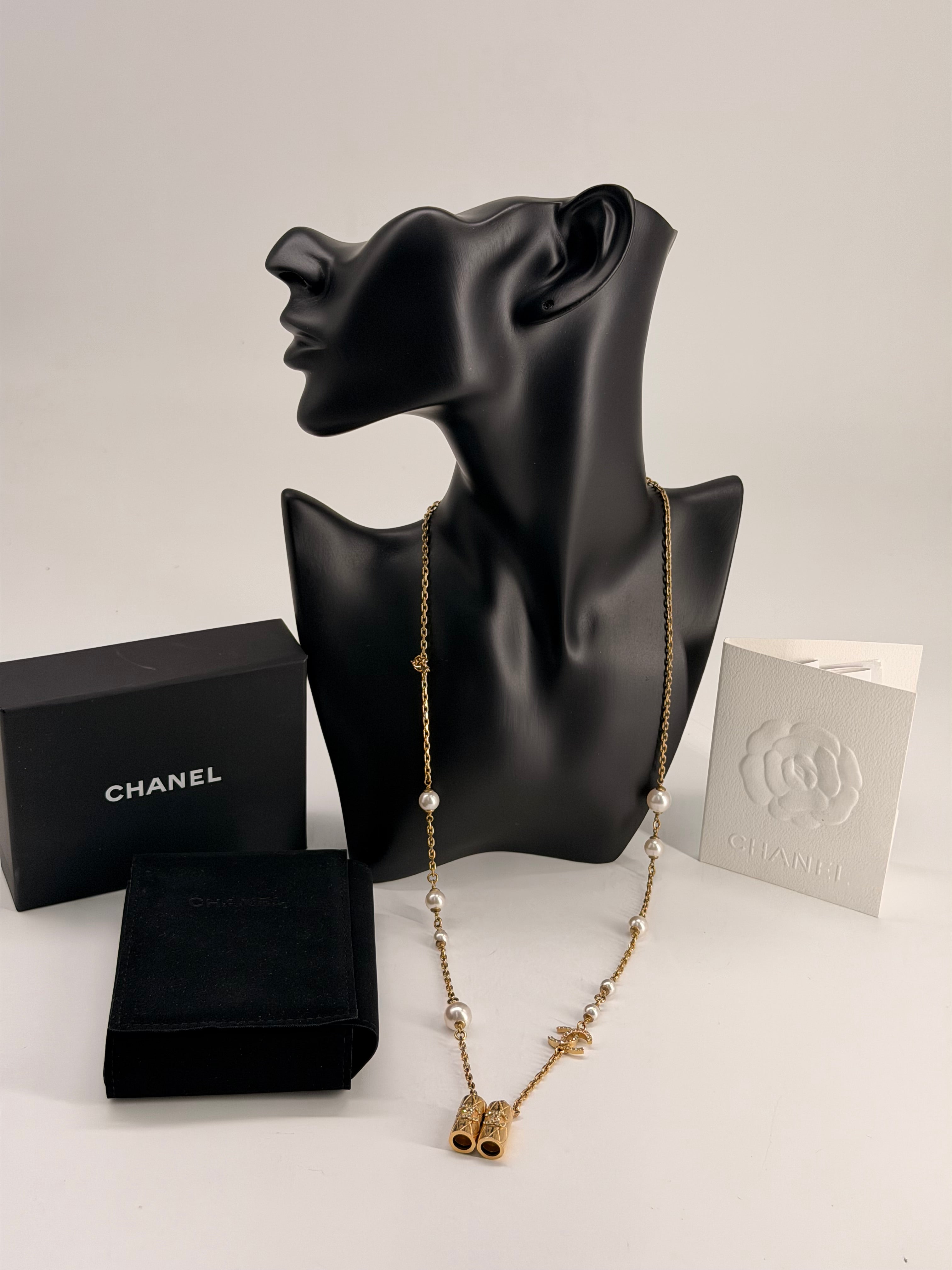 CHANEL Metal Crystal Pearl Airpod Necklace Gold