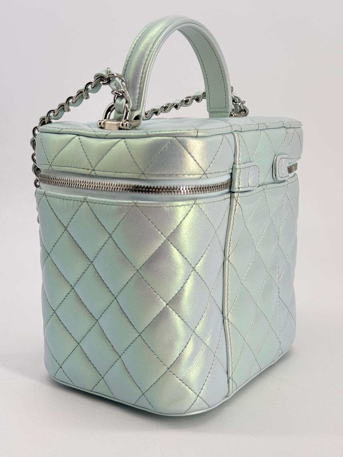 Chanel Vanity Case Iridescent Metallic Blue Leather Handbag