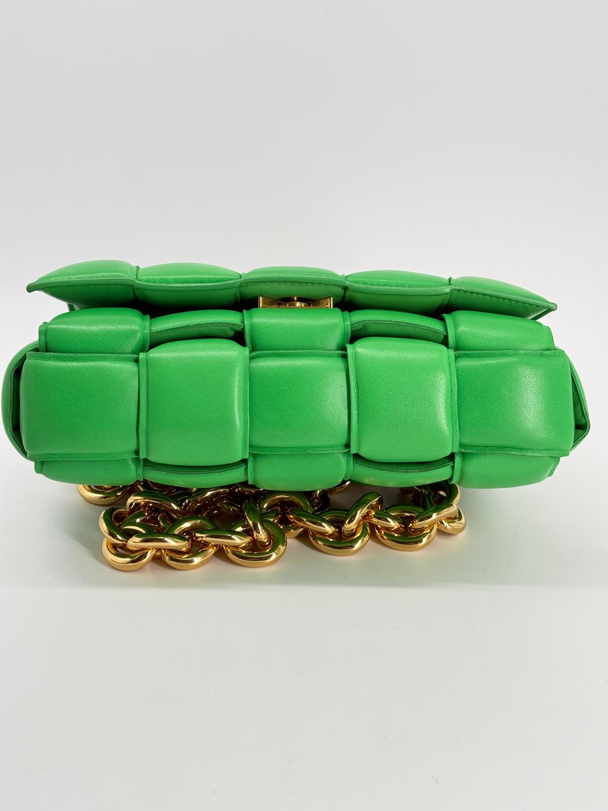 Bottega Veneta Cassette Chain Intrecciato Green Leather Shoulder Bag