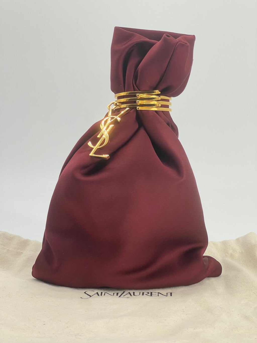 Saint Laurent Wine Satin Knot Wristlet with Gold YSL Charm