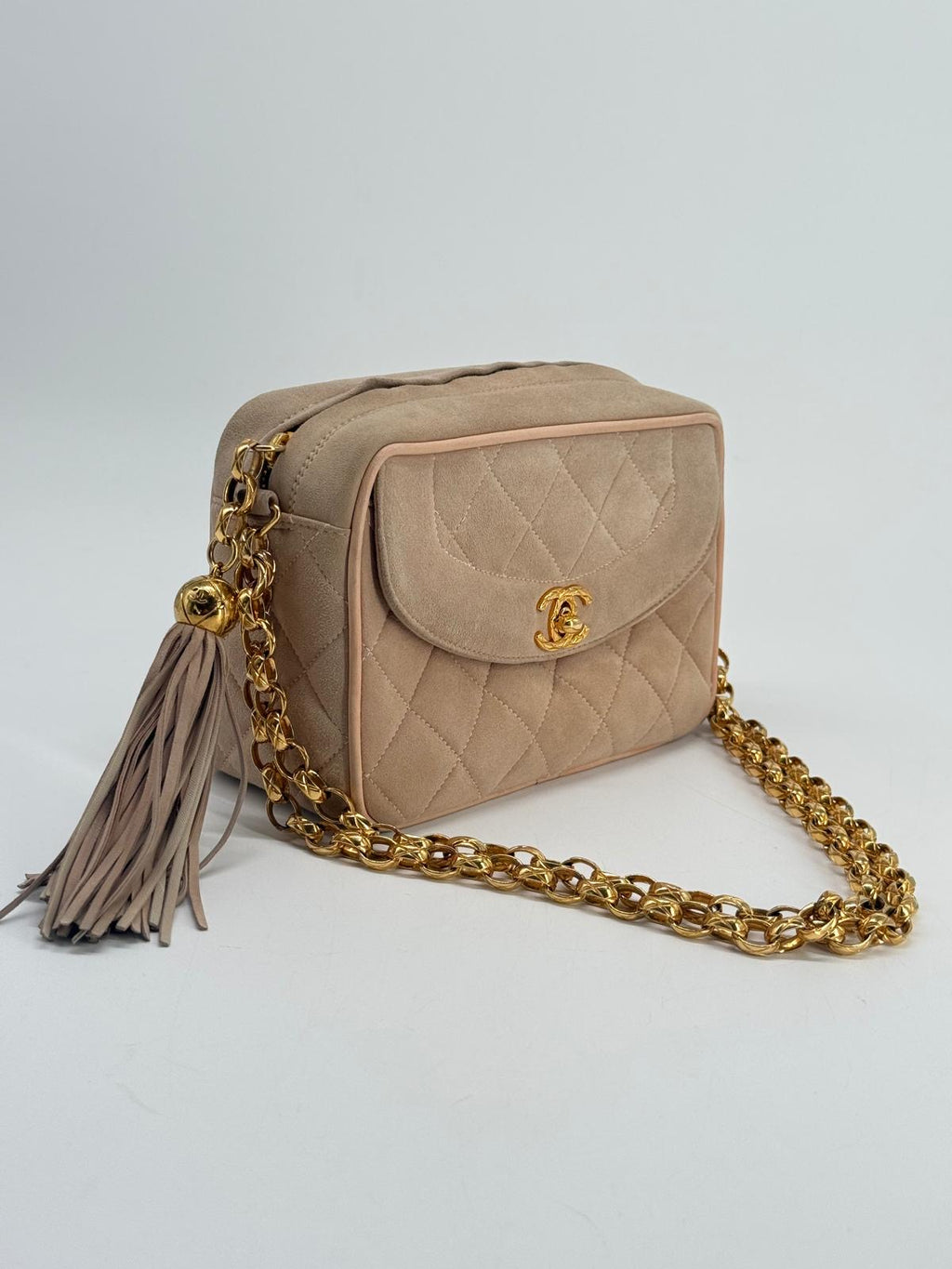 CHANEL Quilted Tassel CC Camera Bag Case In Pink Suede