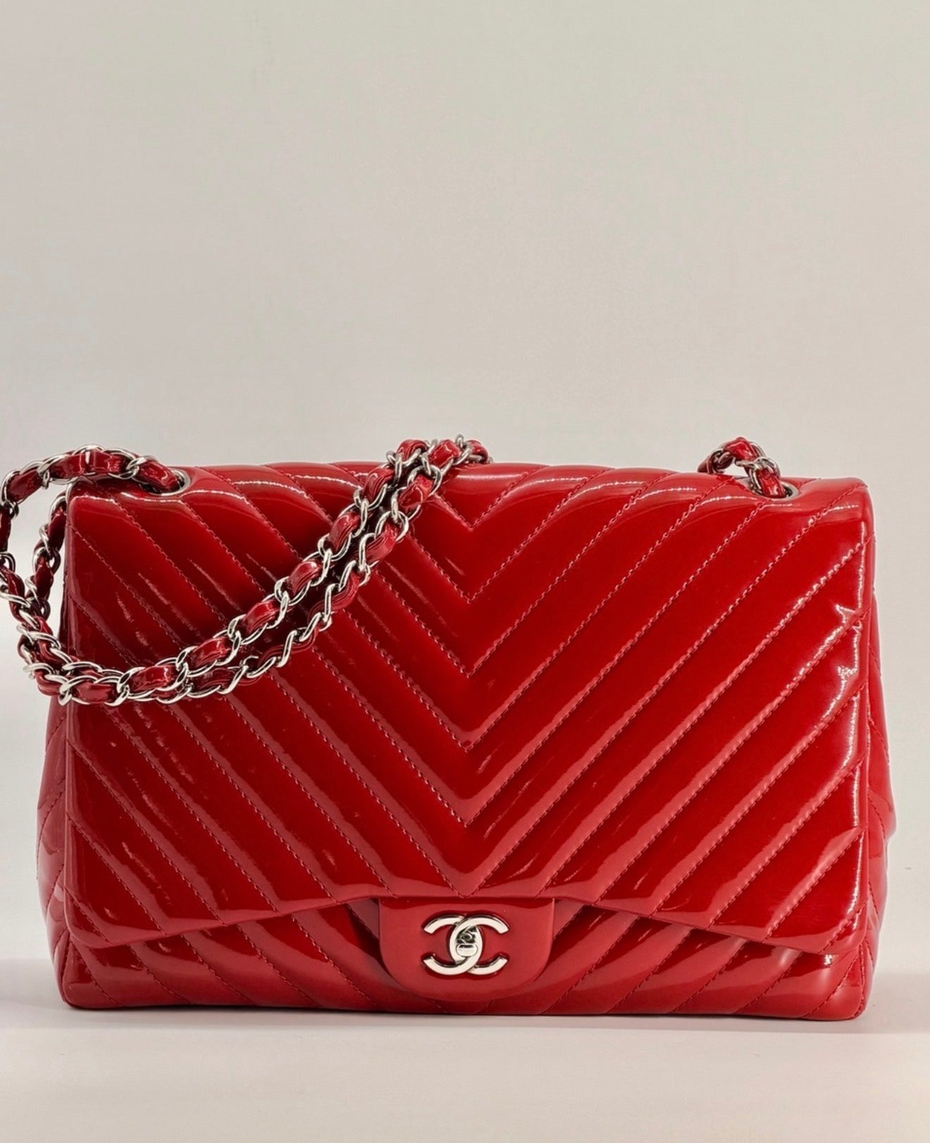 Chanel Patent Maxi Chevron Single Flap Shoulder Bag Red