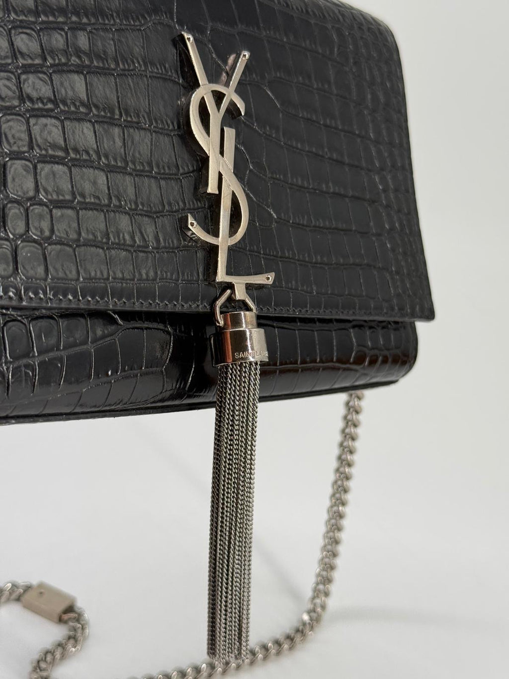 Saint Laurent Black Croc Embossed Leather Medium Kate Tassel Shoulder Bag