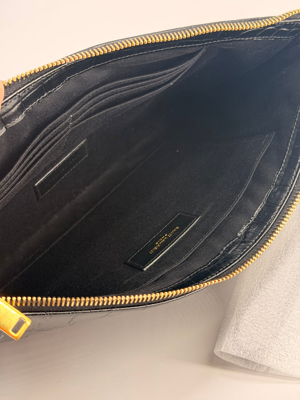Saint Laurent Black Croc Embossed Leather Pouch
