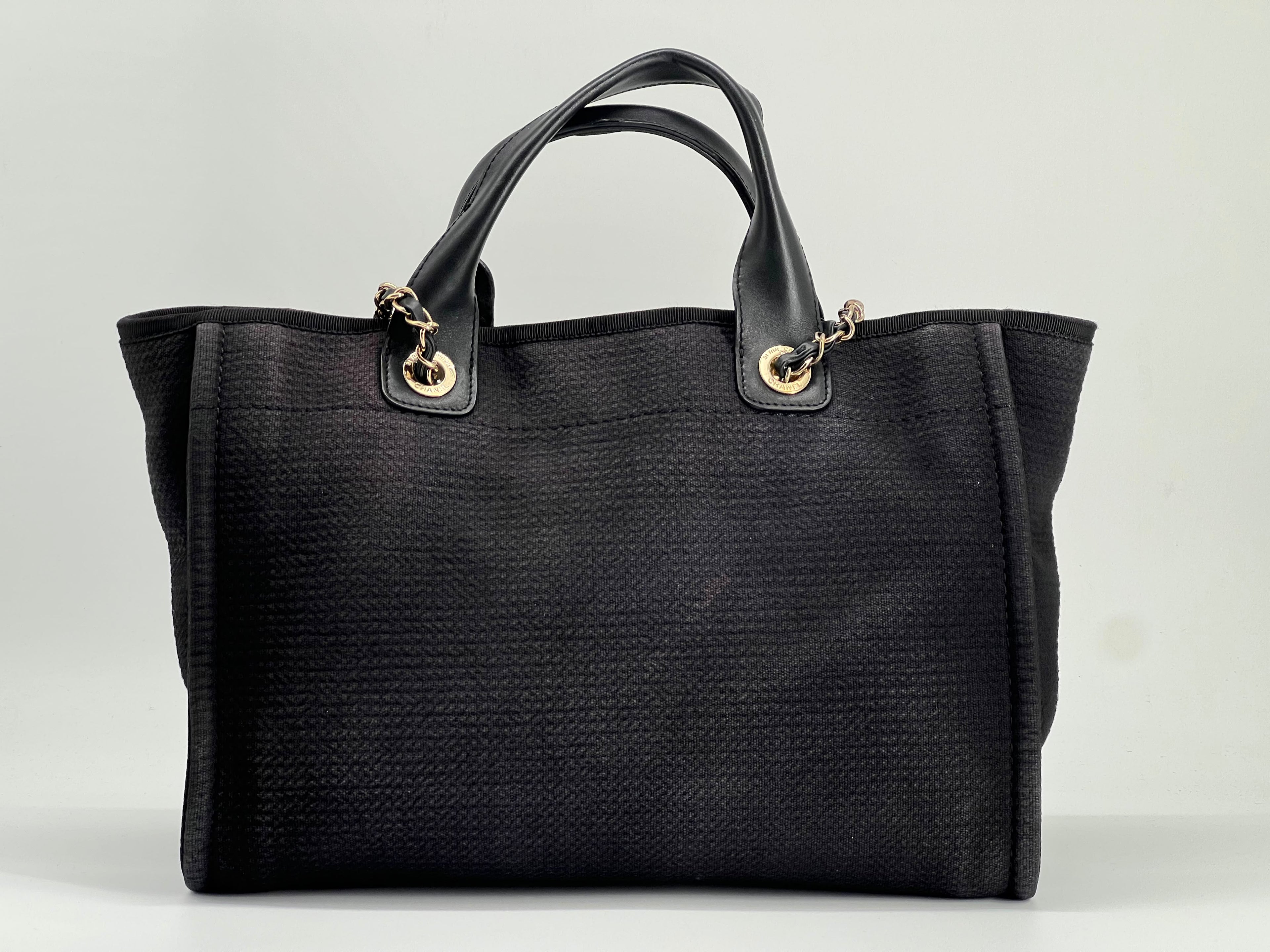 Chanel Deauville Tote Bag Small in Black Canvas Gold-Tone Hardware With Pouch
