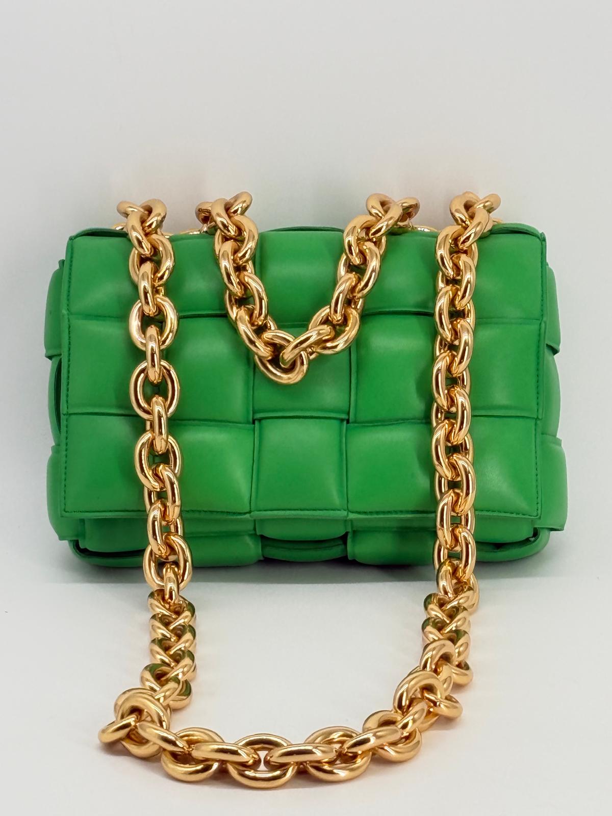 Bottega Veneta Cassette Chain Intrecciato Green Leather Shoulder Bag