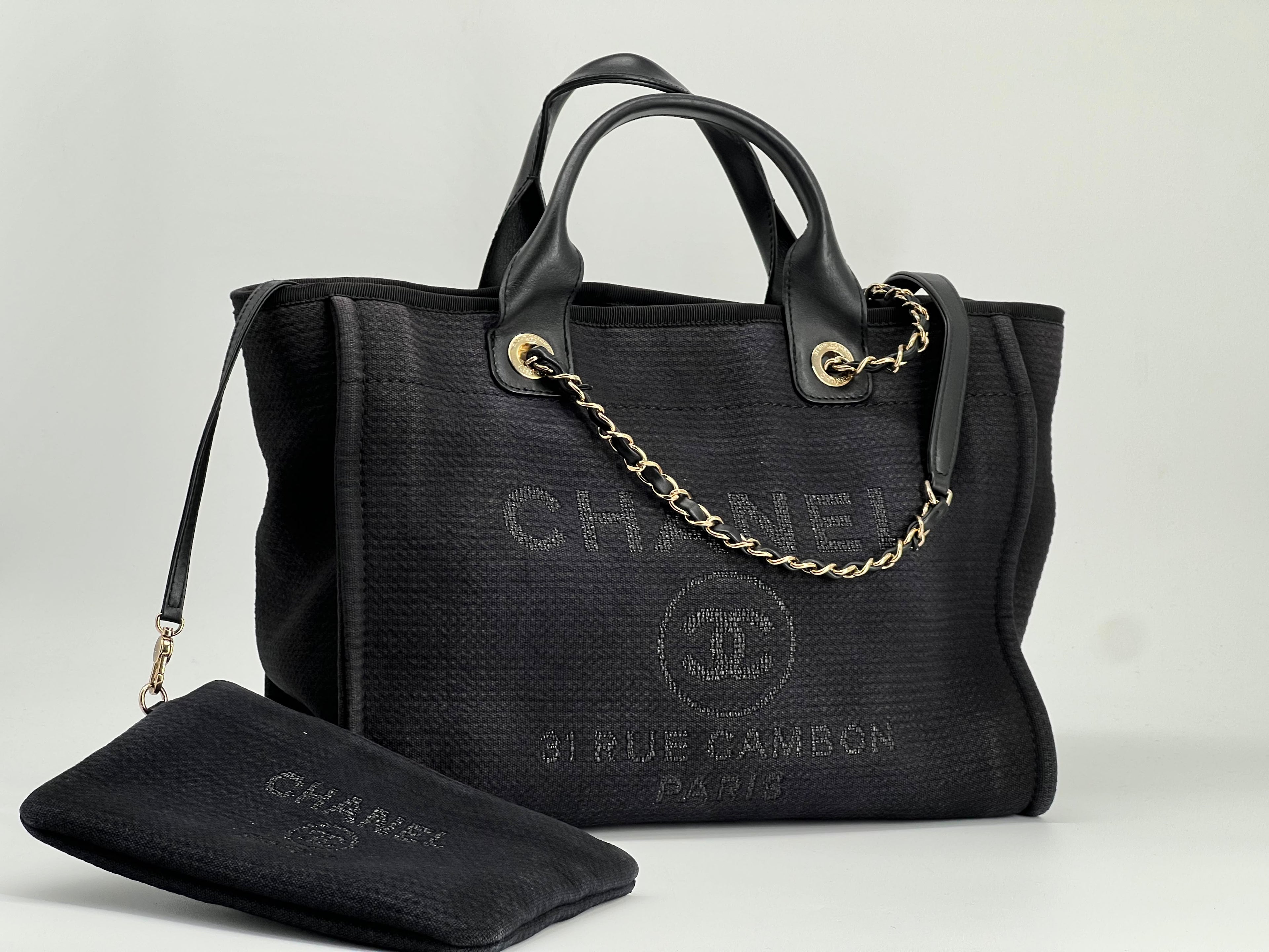 Chanel Deauville Tote Bag Small in Black Canvas Gold-Tone Hardware With Pouch
