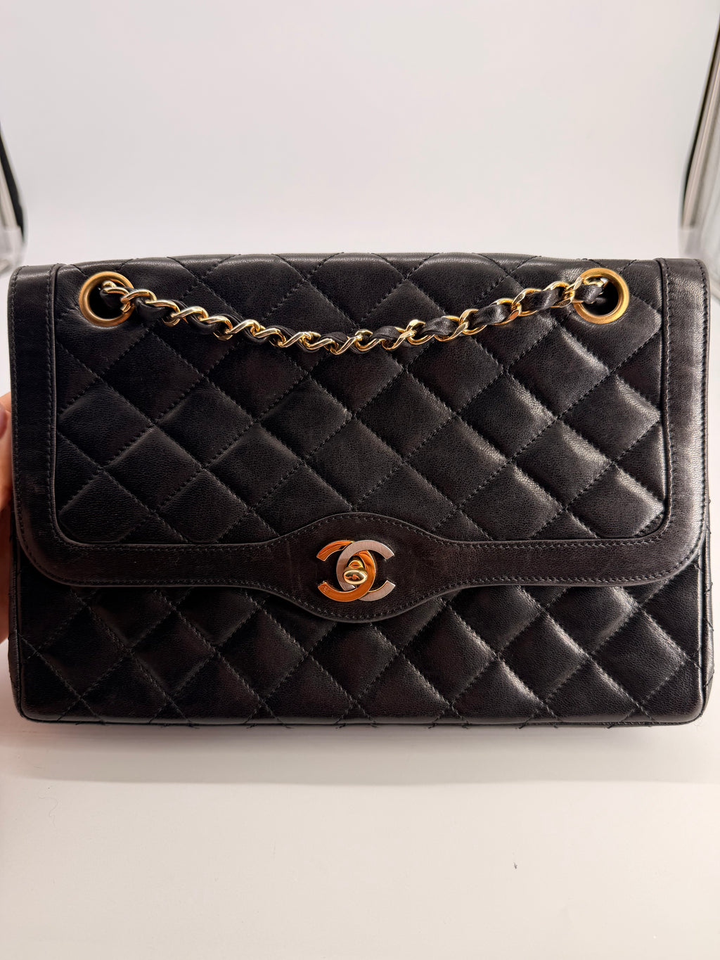 Chanel Medium Paris Double Flap Black Lambskin Shoulder Bag