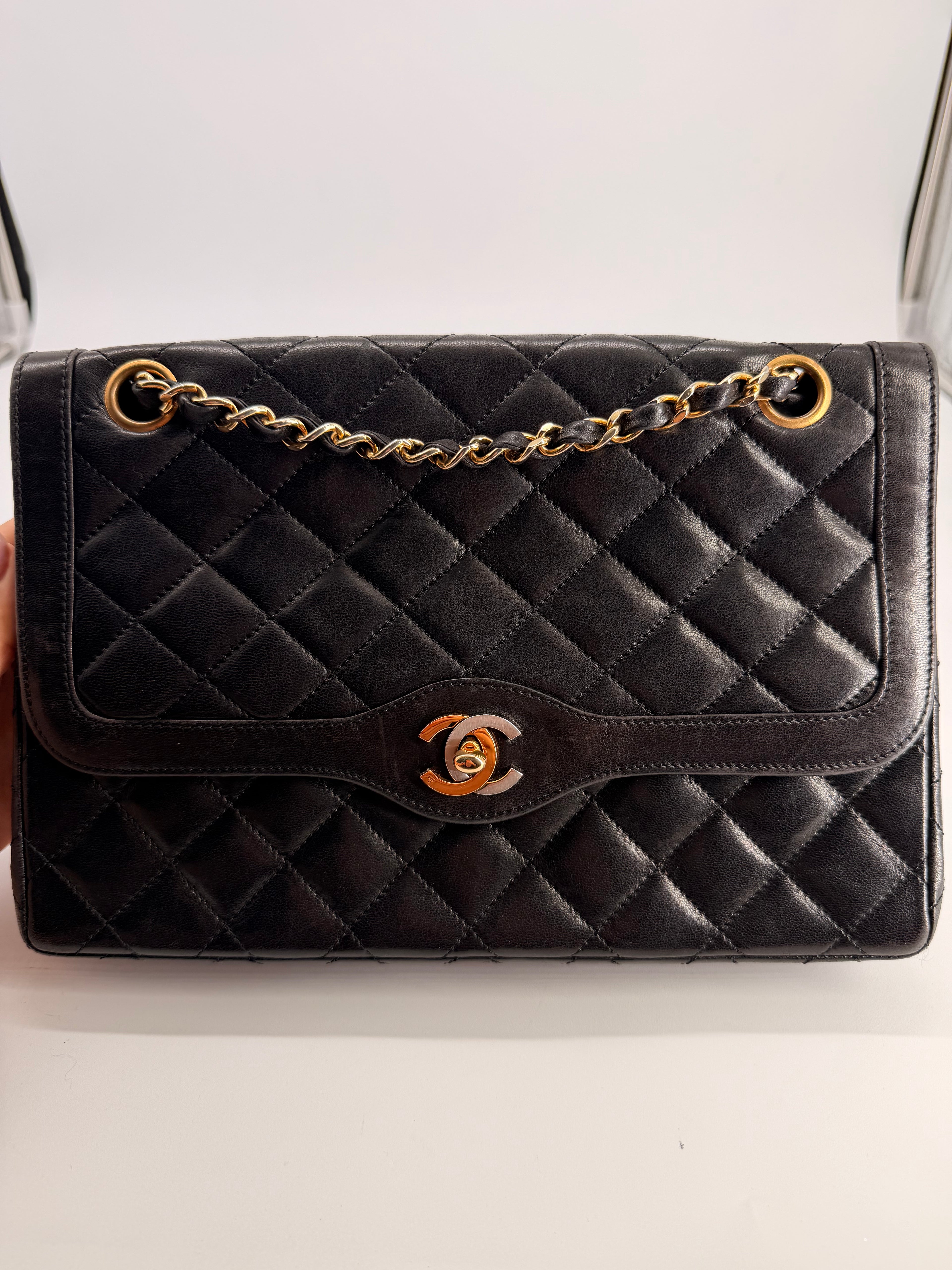Chanel Medium Paris Double Flap Black Lambskin Shoulder Bag