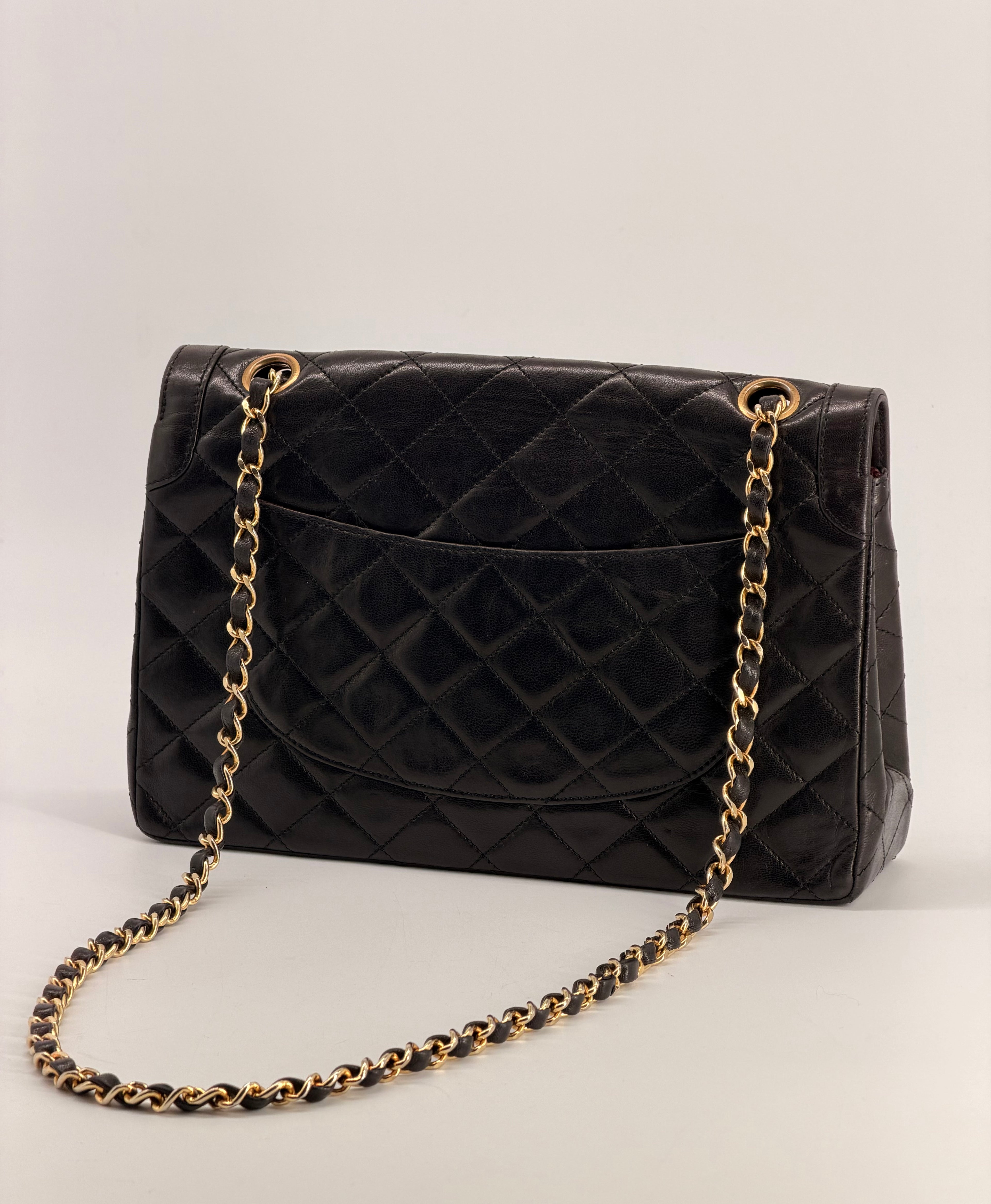 Chanel Medium Paris Double Flap Black Lambskin Shoulder Bag