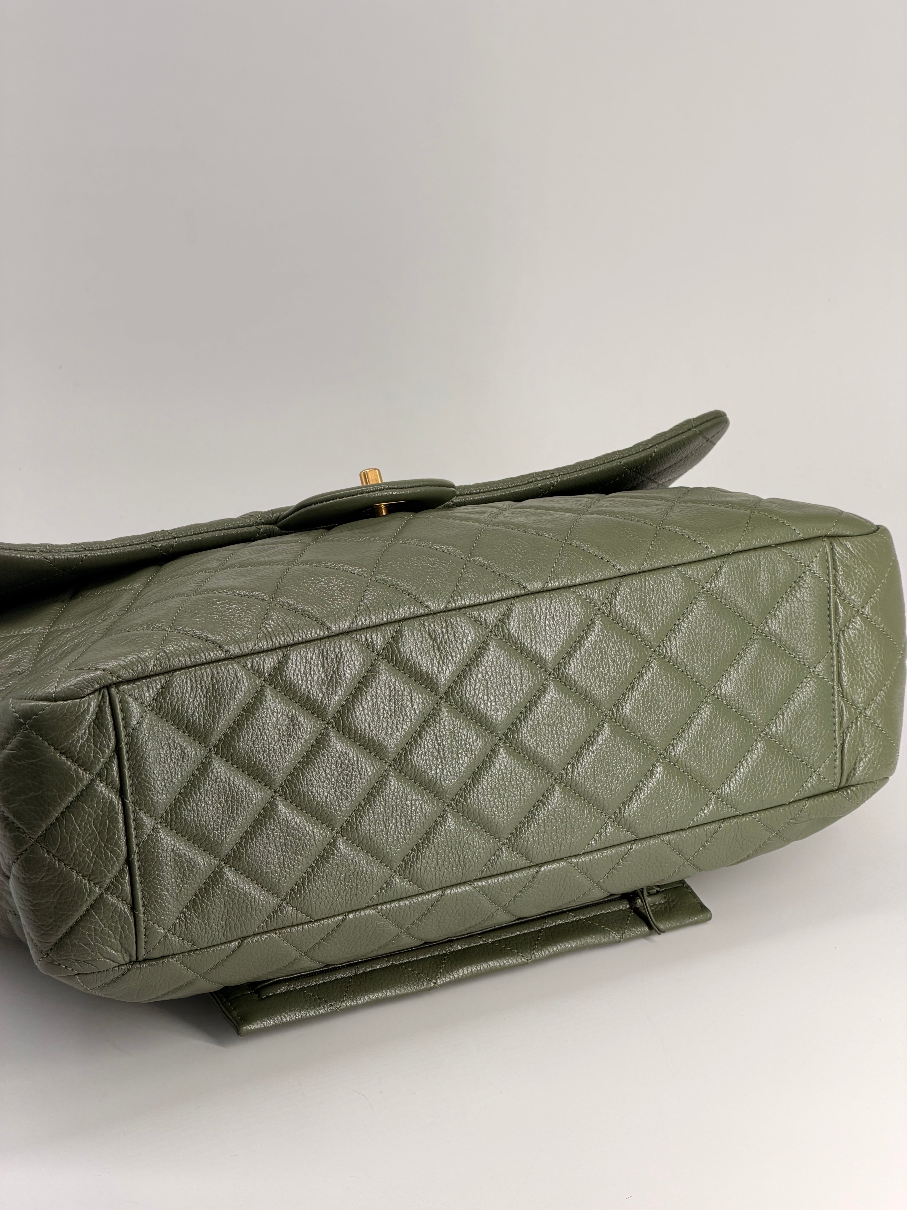 Chanel XXL Travel Classic Flap Bag Khaki Grained Calfskin Leather