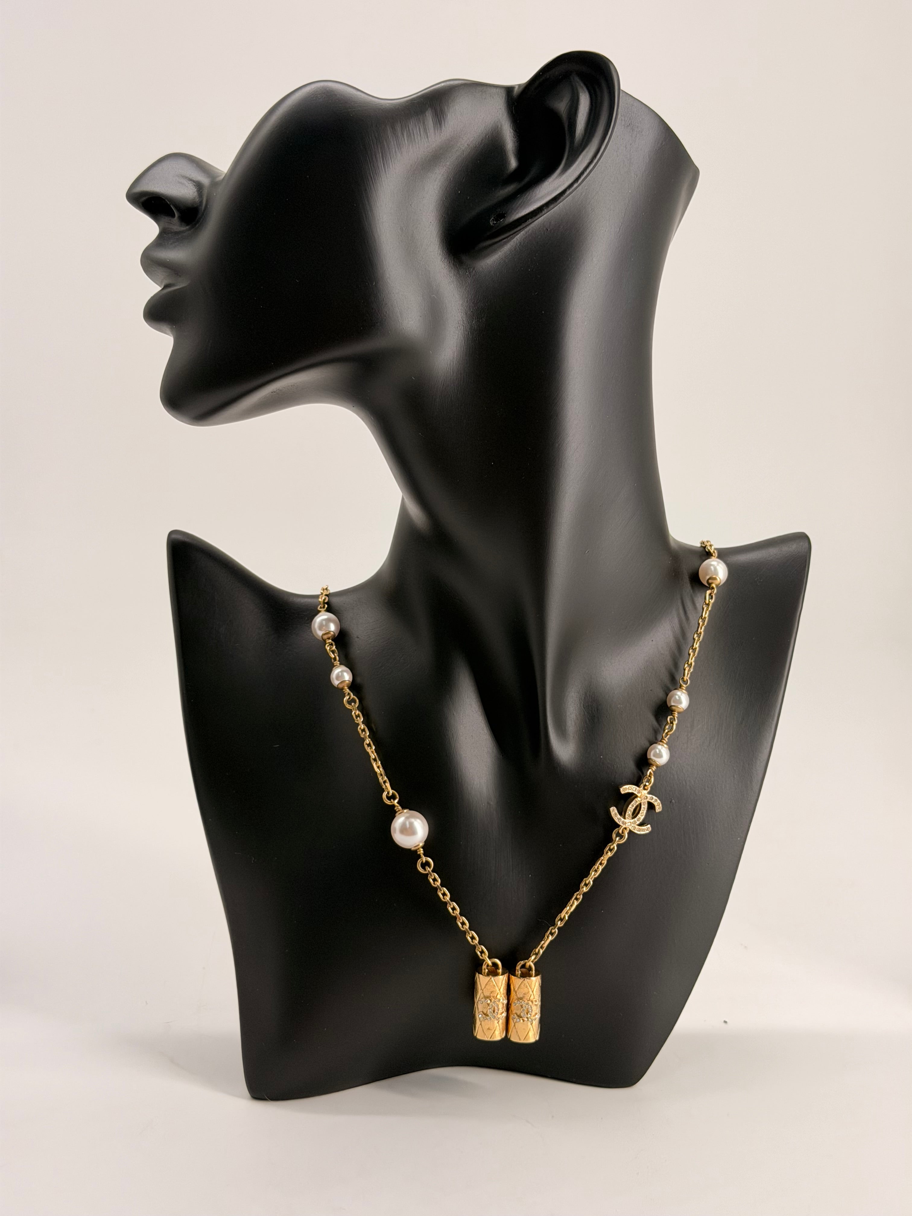 CHANEL Metal Crystal Pearl Airpod Necklace Gold