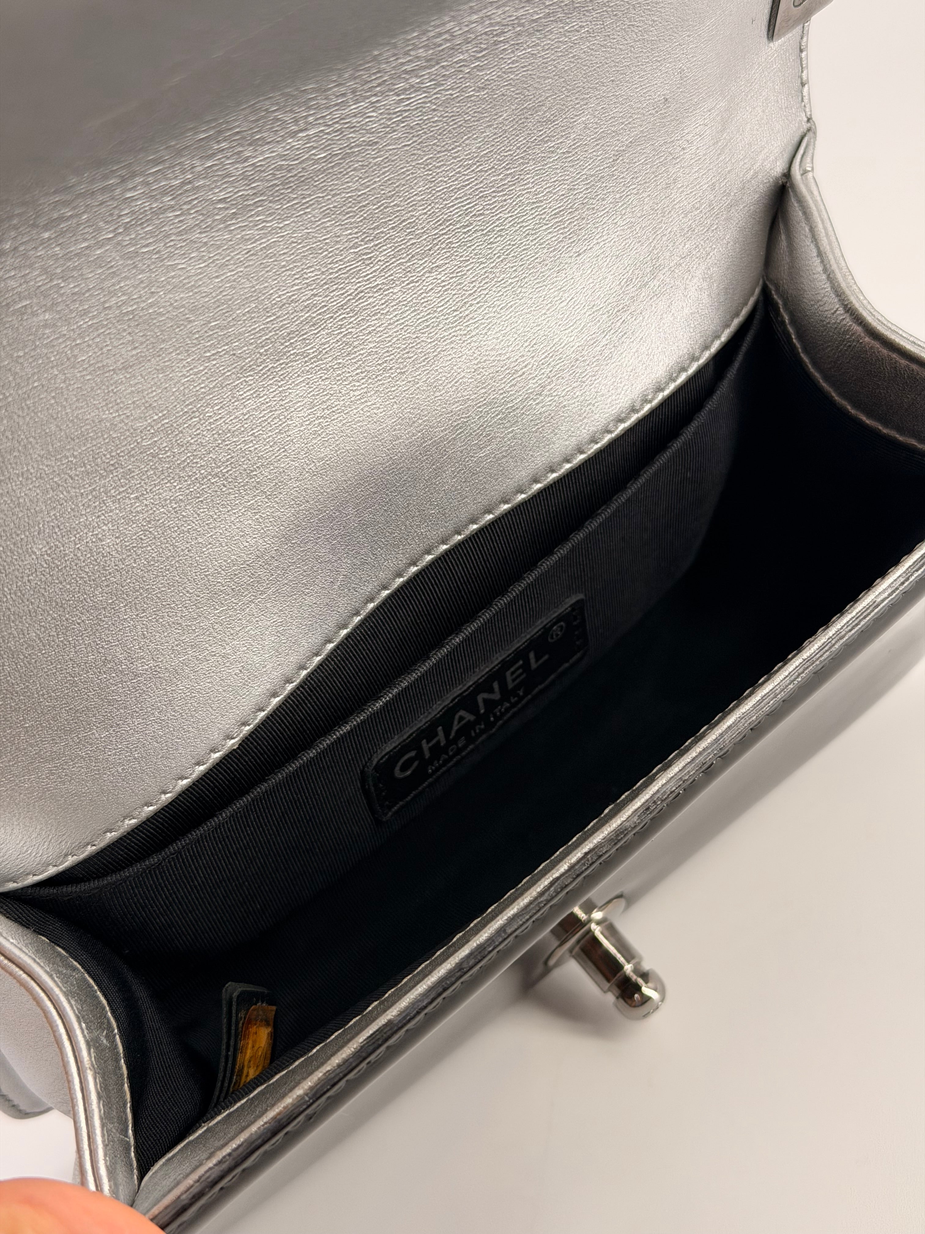CHANEL Small Boy Bag Patent Leather Black Silver Shoulder Bag