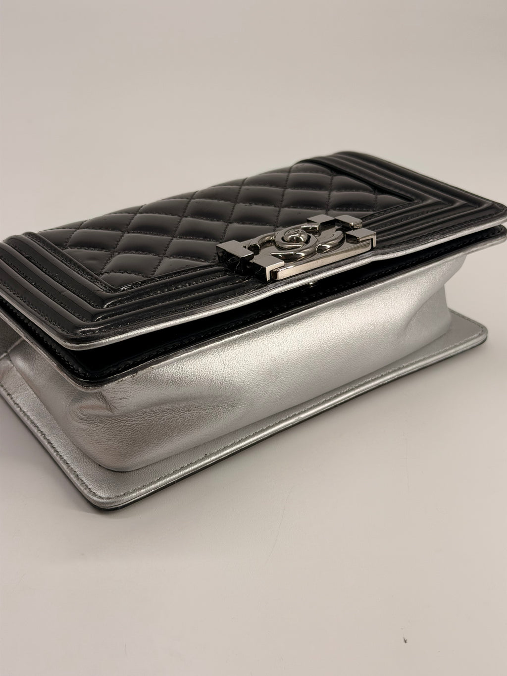 CHANEL Small Boy Bag Patent Leather Black Silver Shoulder Bag